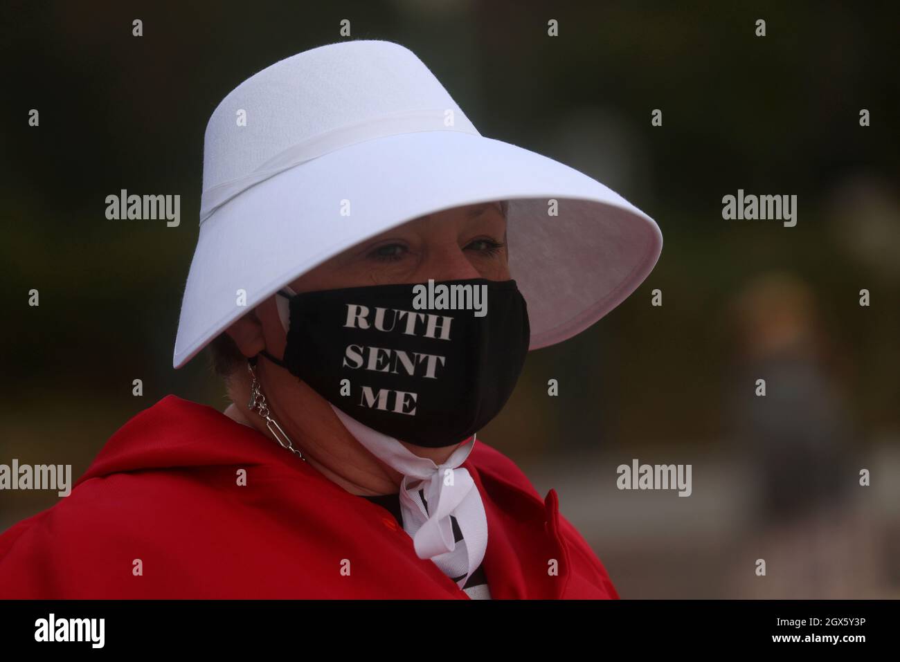 Mechelle Meyer, dressed in a Handmaid's Tale costume, takes part in a pro-abortion rights protest outside of the U.S. Supreme Court building in Washington, U.S., October 4, 2021. REUTERS/Leah Millis Stock Photo