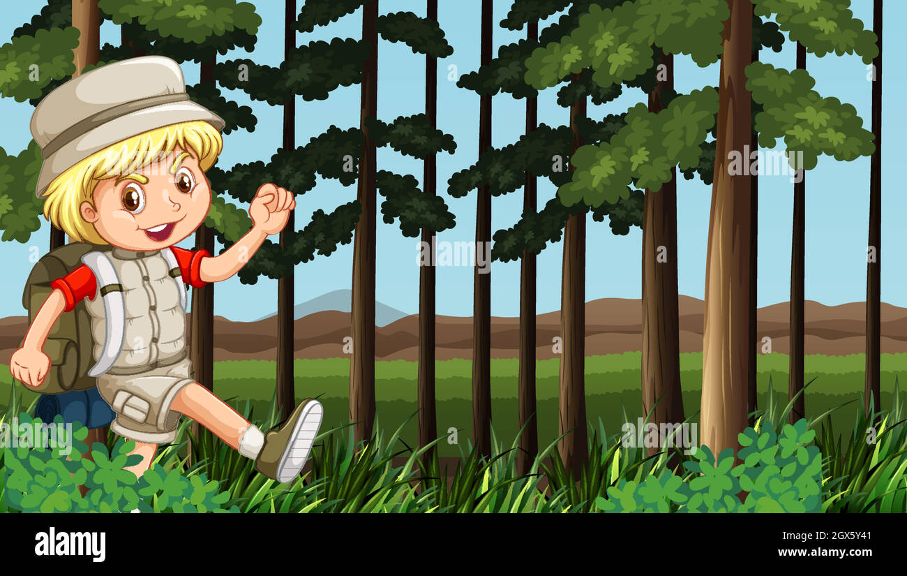 Boy hiking in the woods Stock Vector