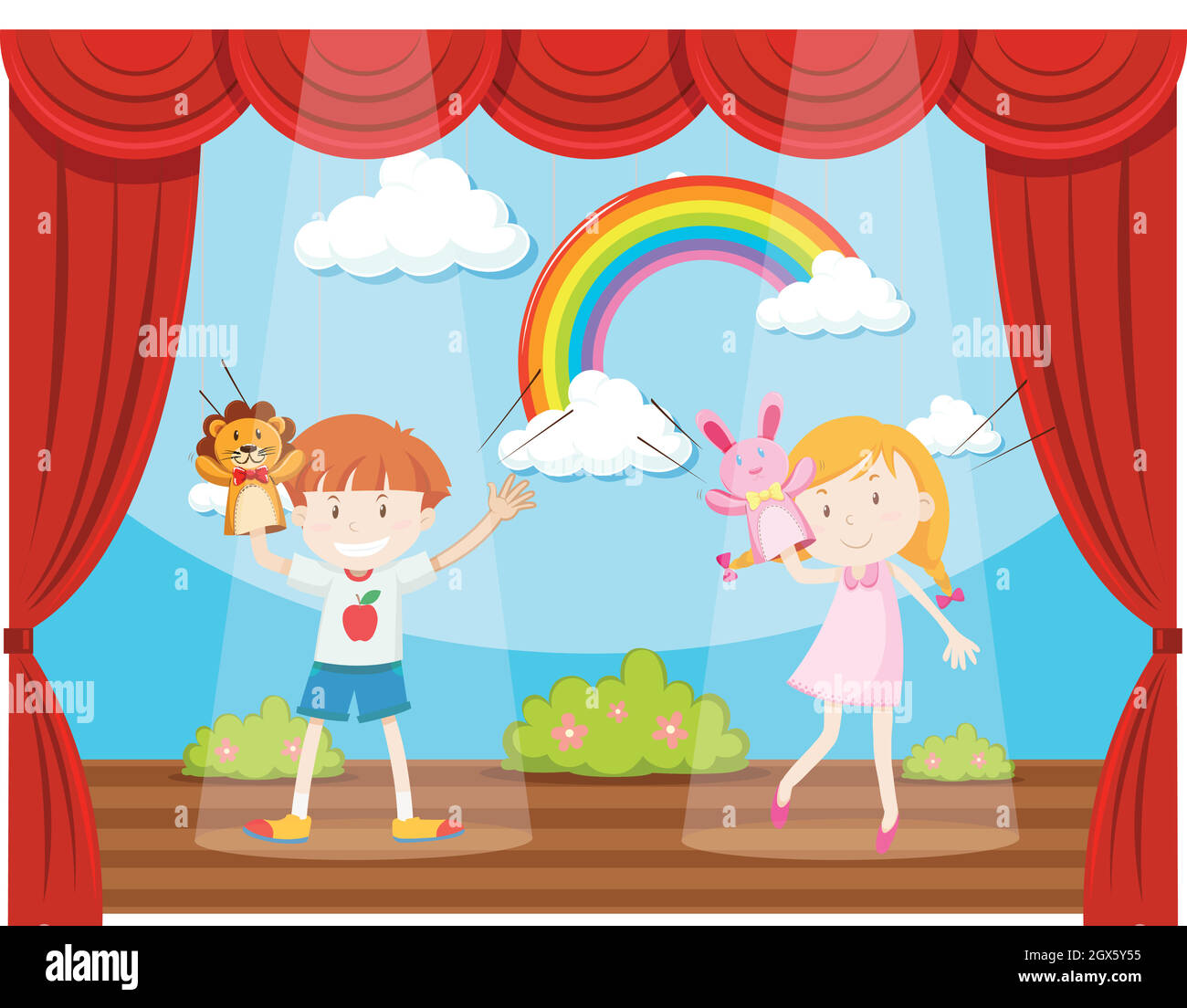 Boy and girl doing puppet show on stage Stock Vector Image & Art Alamy
