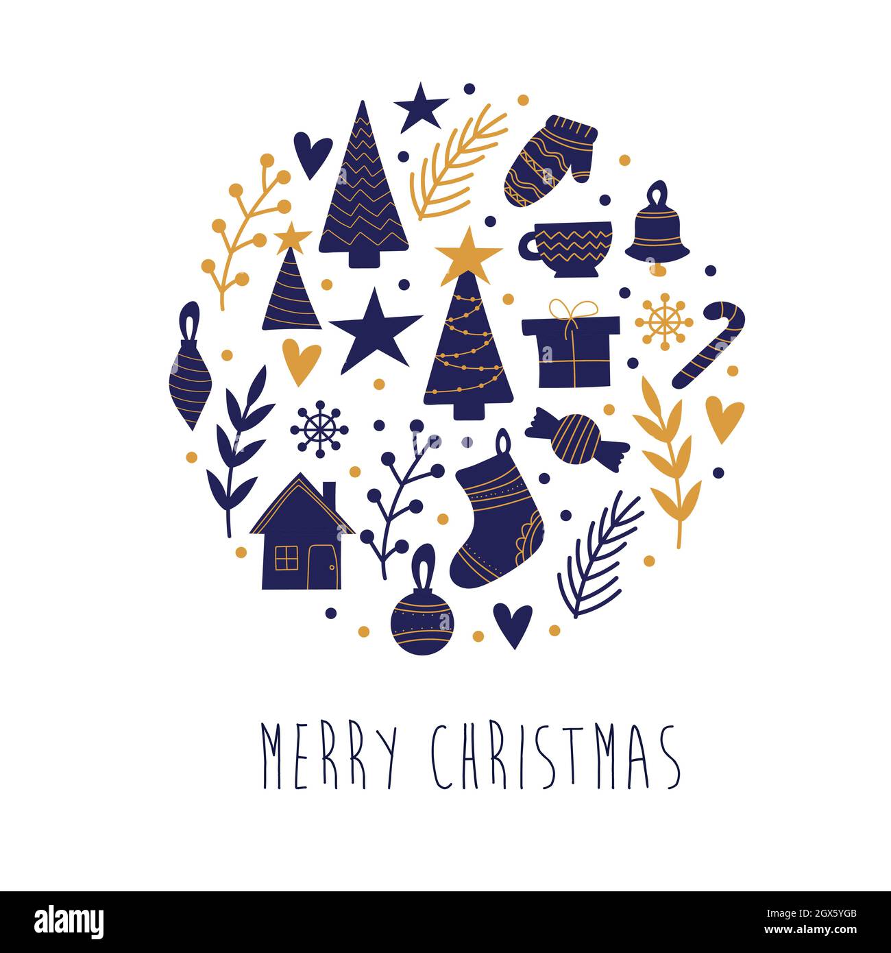 Hand drawn set of Christmas elements in blue and gold on a white background. Elements for decoration. Postcard for christmas Stock Vector