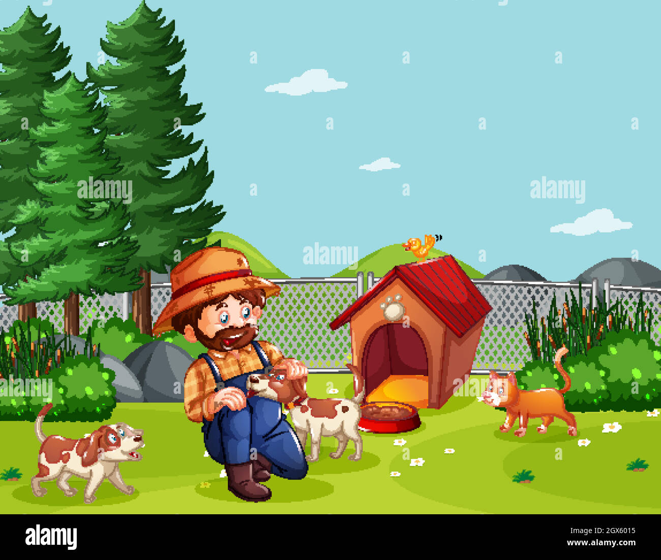 Farmer with animal farm in farm scene in cartoon style Stock Vector