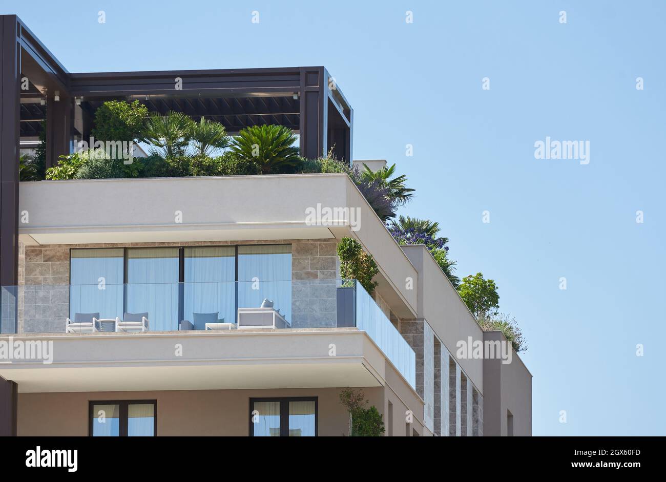 Palms and plants grow on the rooftop patio on modern residential