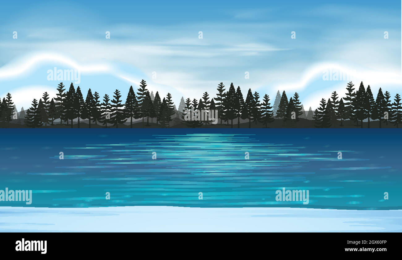 Lake scene with pine forest in background Stock Vector Image & Art - Alamy