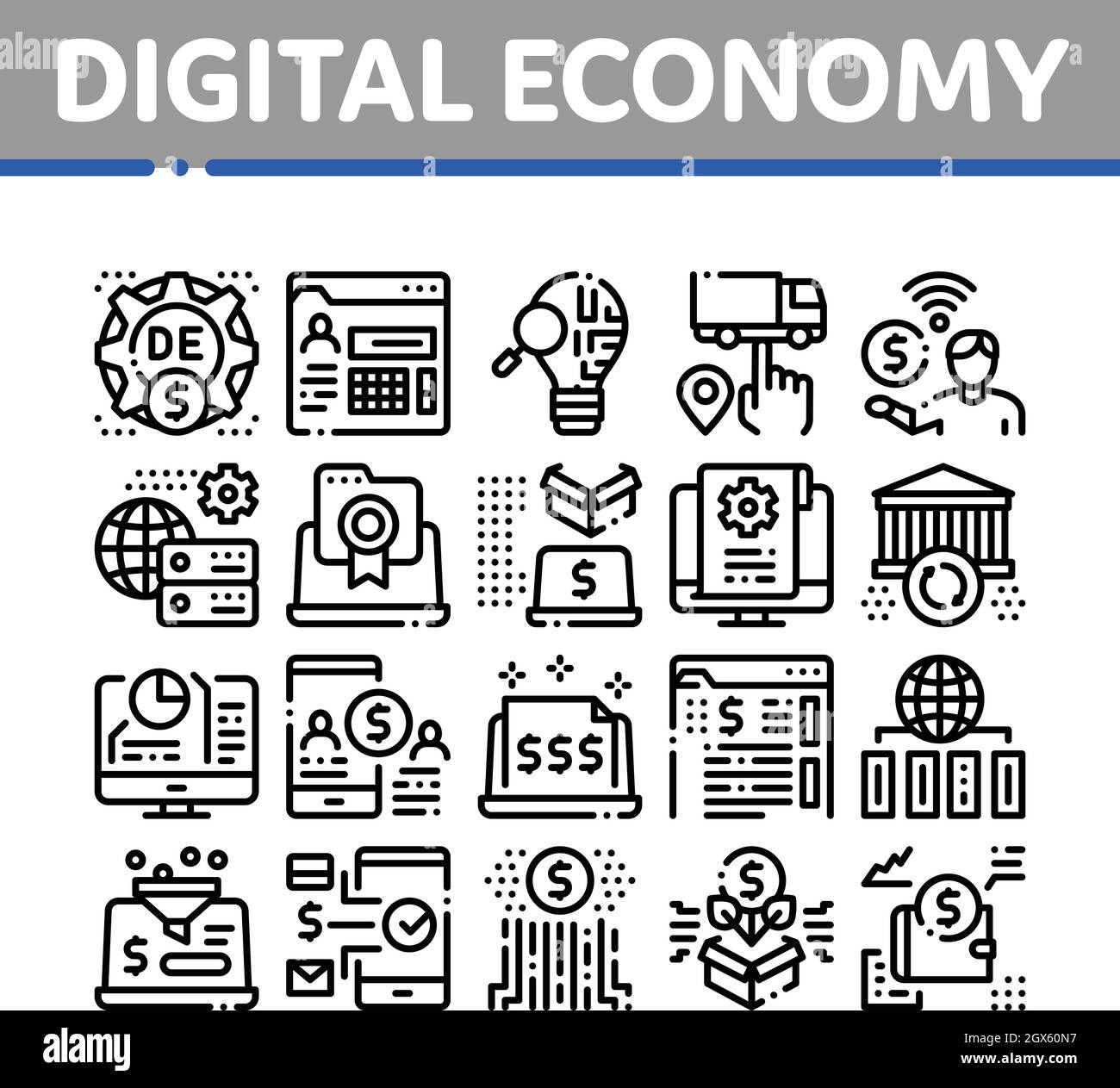 Digital Economy And E-business Icons Set Vector Stock Vector