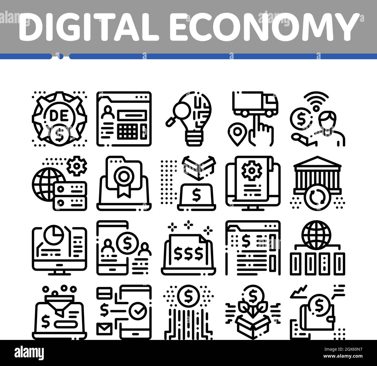 Digital Economy And Ebusiness Icons Set Vector Stock Vector Image