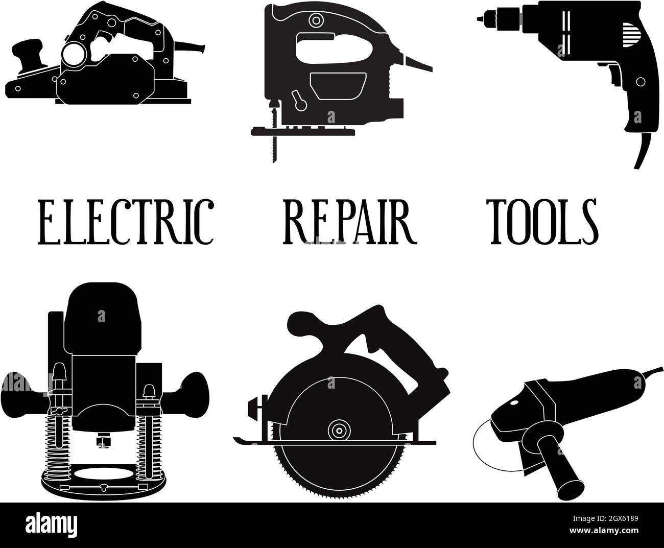 Electric repair tools set silhouette vector illustration isolated Stock Vector