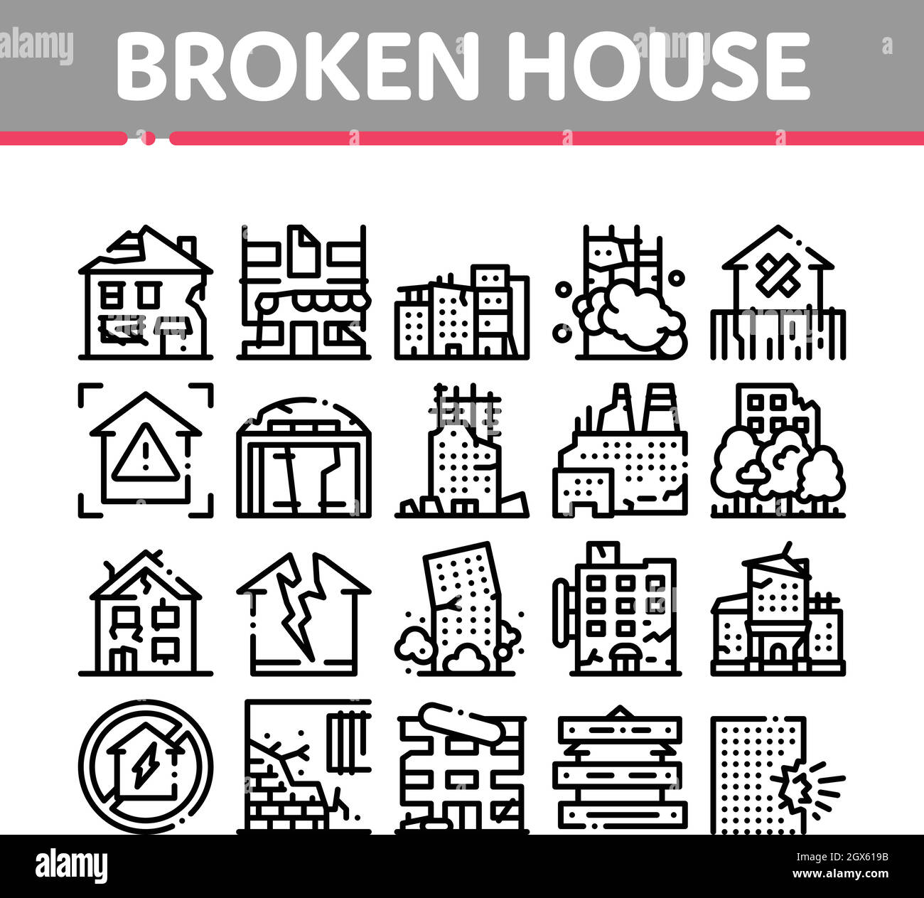 Broken House Building Collection Icons Set Vector Stock Vector Image ...