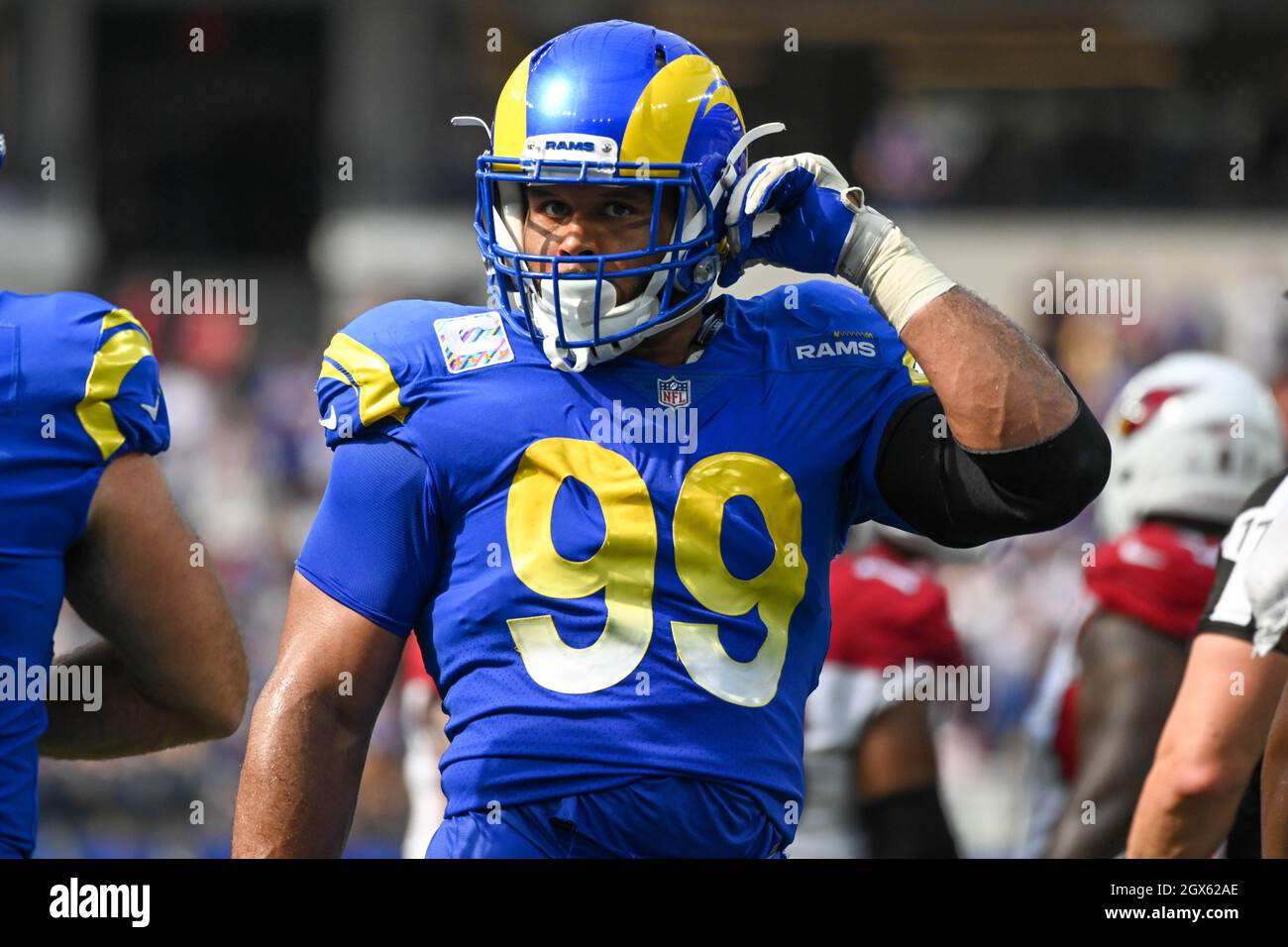Los Angeles Rams defensive end Aaron Donald (99) during an NFL football game against the Arizona Cardinals, Sunday, Oct. 3, 2021, in Inglewood, Calif. Stock Photo