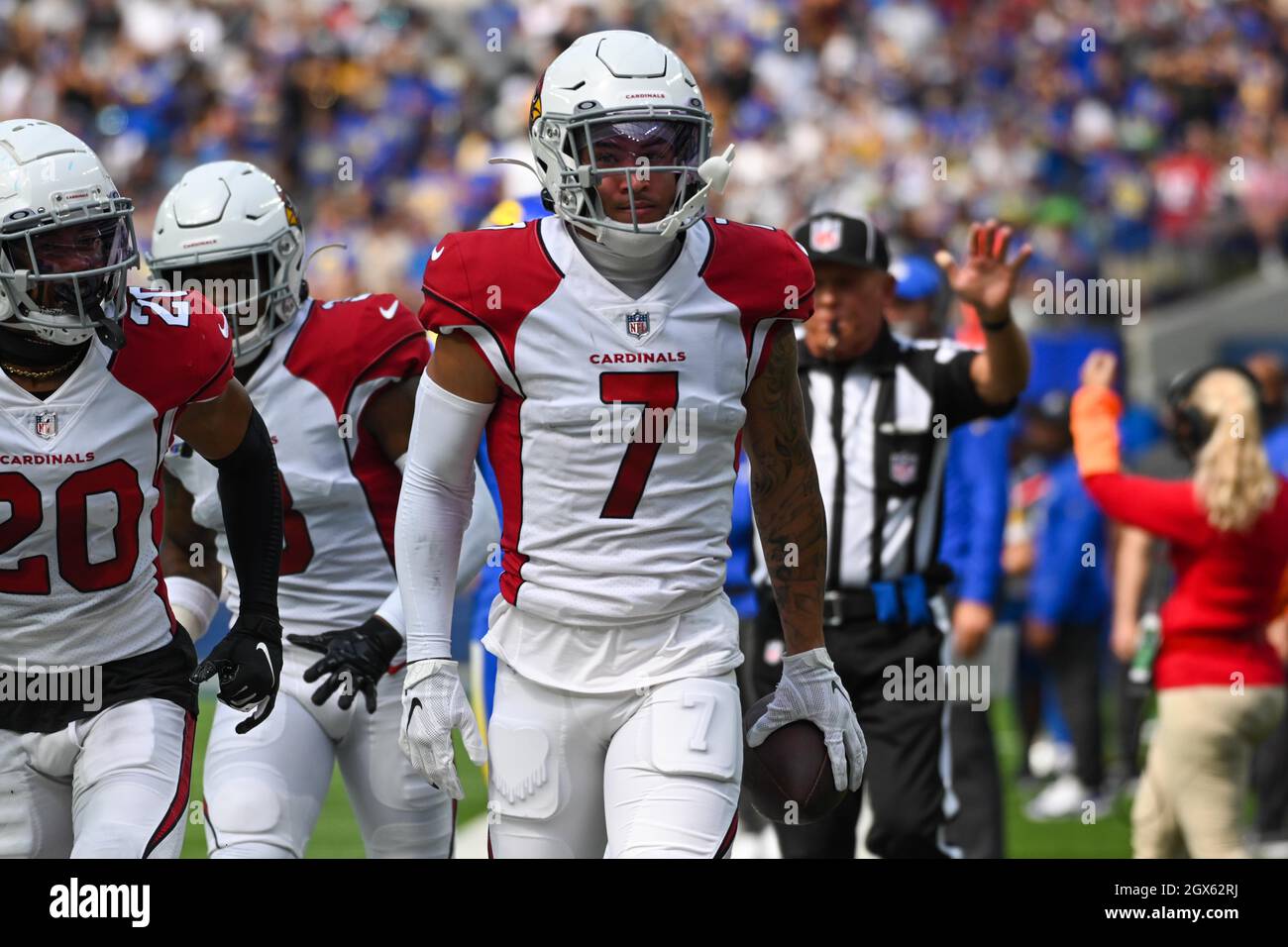 Inglewood, United States. 03rd Oct, 2021. Arizona Cardinals cornerback  Byron Murphy (7) celebrates after intercepting the ball during an NFL  football game against the Los Angeles Rams, Sunday, Oct. 3, 2021, in