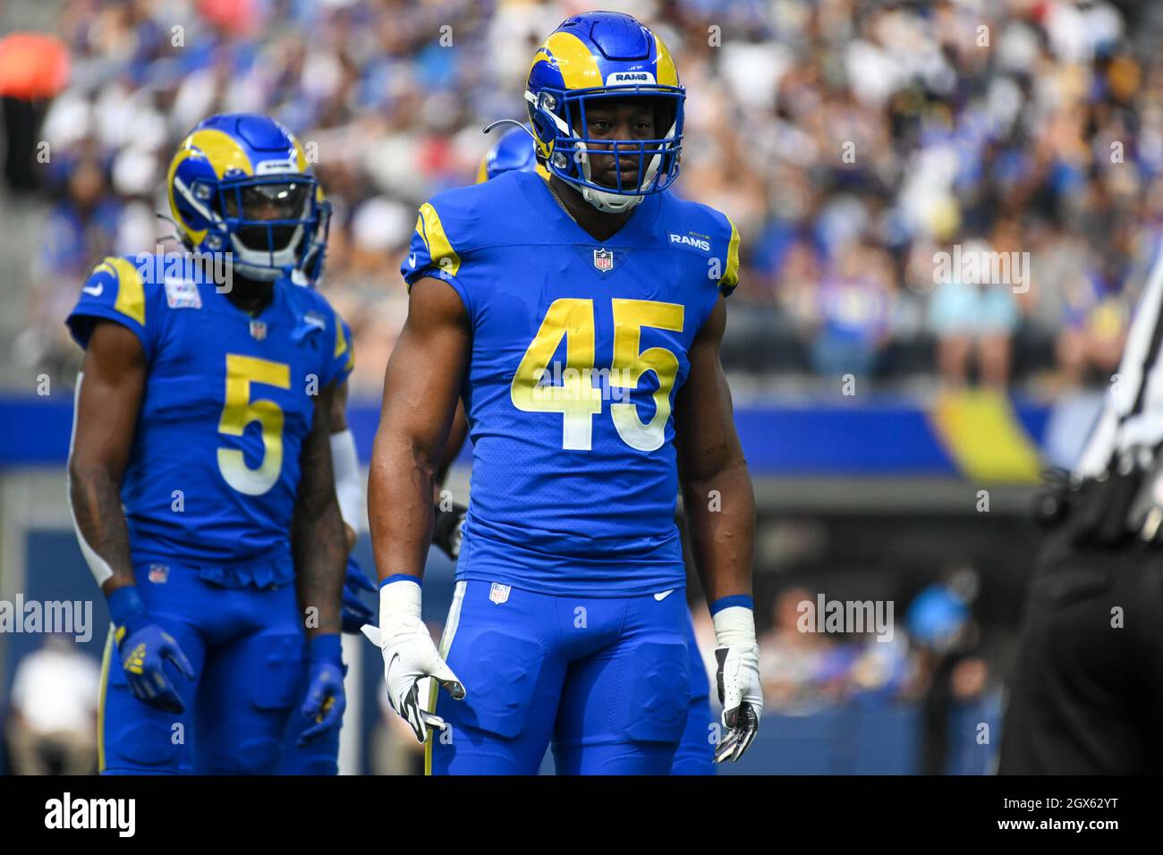 Los Angeles Rams linebacker Obo Okoronkwo (45) during an NFL football game against the Arizona Cardinals, Sunday, Oct. 3, 2021, in Inglewood, Calif. T Stock Photo