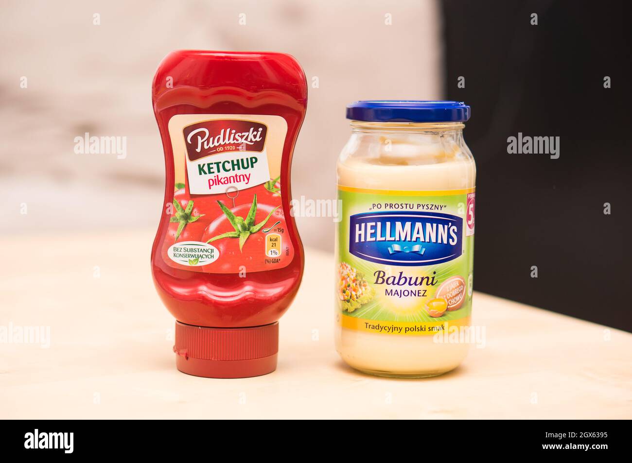 POZNAN, POLAND Apr 06, 2016 A polish Pudliszki Ketchup and Hellmann