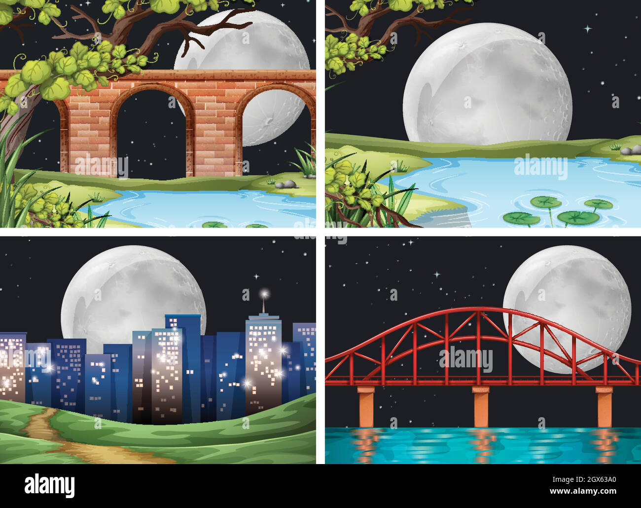 Four scenes of city on fullmoon night Stock Vector Image & Art - Alamy