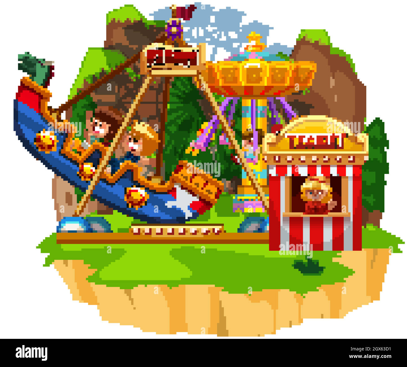 Scene with kids riding viking in the funpark Stock Vector