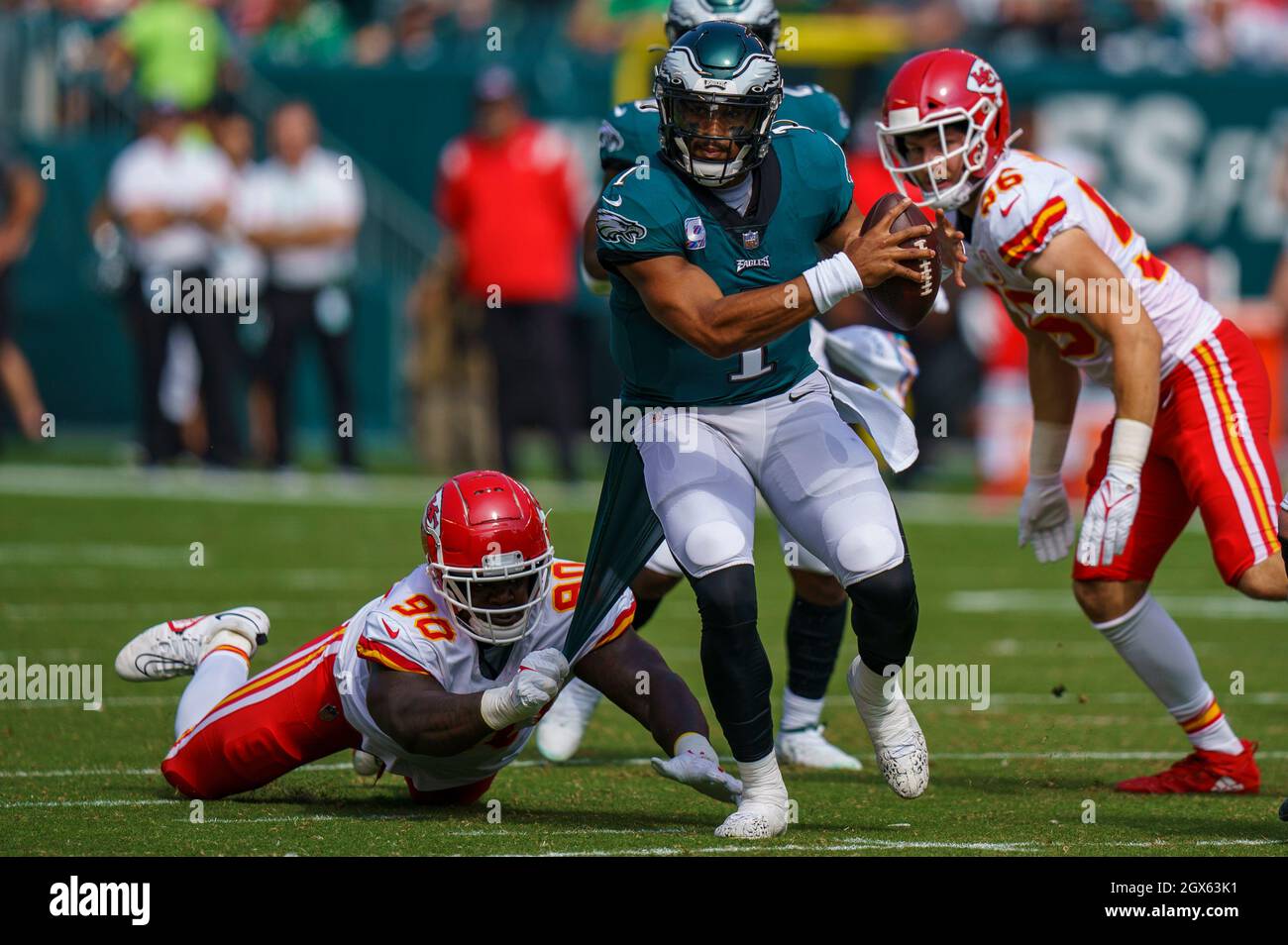 Indianapolis, Indiana, USA. 20th Nov, 2022. Philadelphia Eagles quarterback  Jalen Hurts (1) is pressured by Indianapolis Colts defensive tackle  DeForest Buckner (99) and forced out of bounds during the game between the