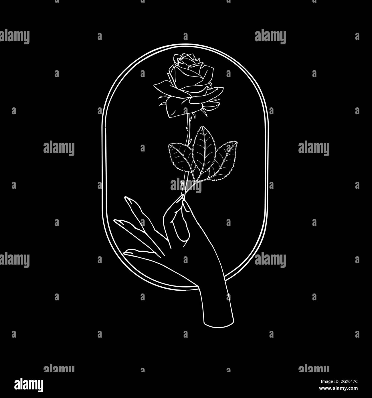 Vintage Mystic Hand holding rose flower drawing on oval shape. Stock Vector