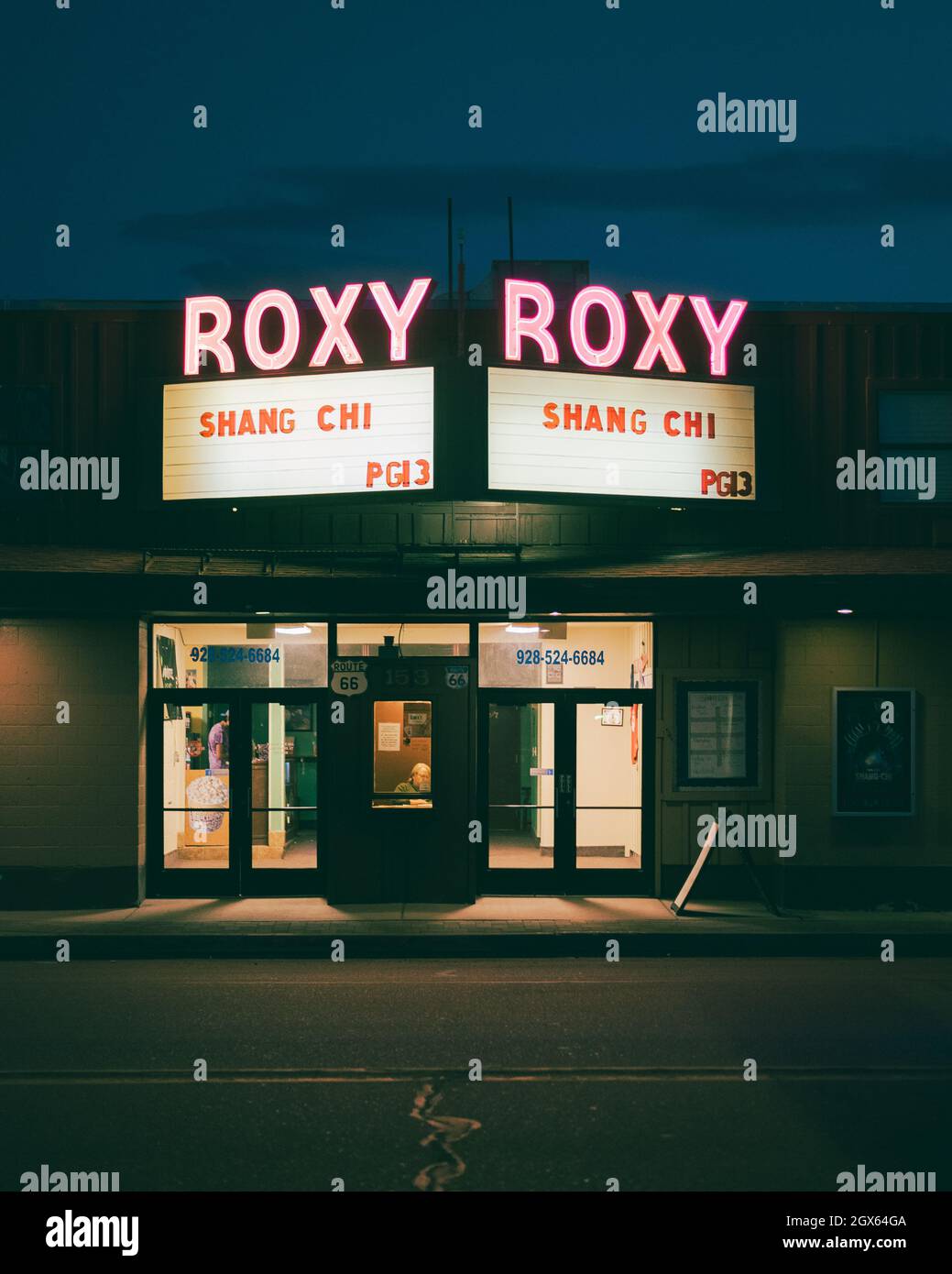 The Roxy Theater at night on Route 66 in Holbrook, Arizona Stock Photo