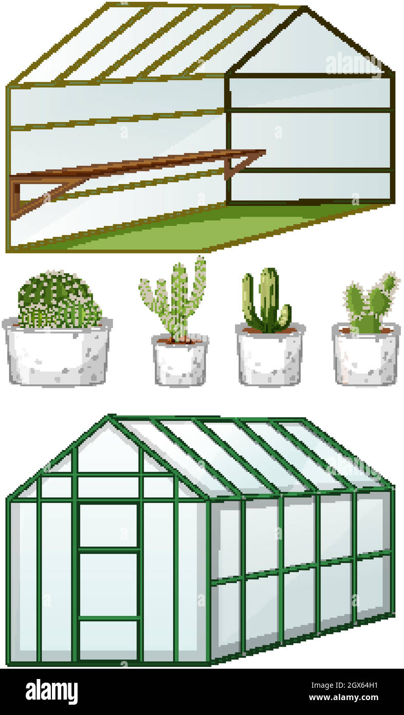 Close and open view of empty greenhouse with many plants in pots Stock Vector