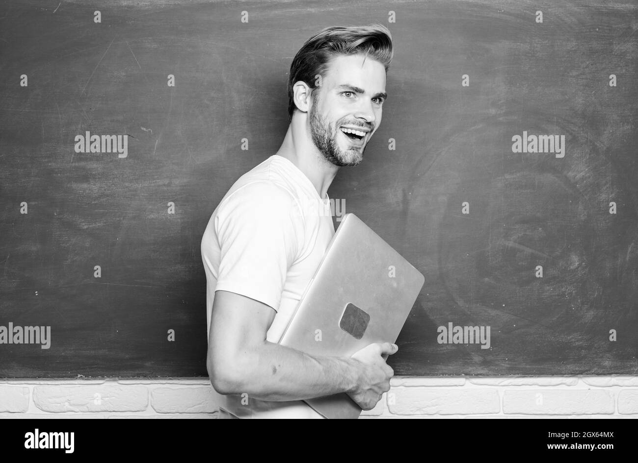 Security online life. Programming web development. Digital concept. Online communications. School teacher with laptop. Handsome man use modern Stock Photo