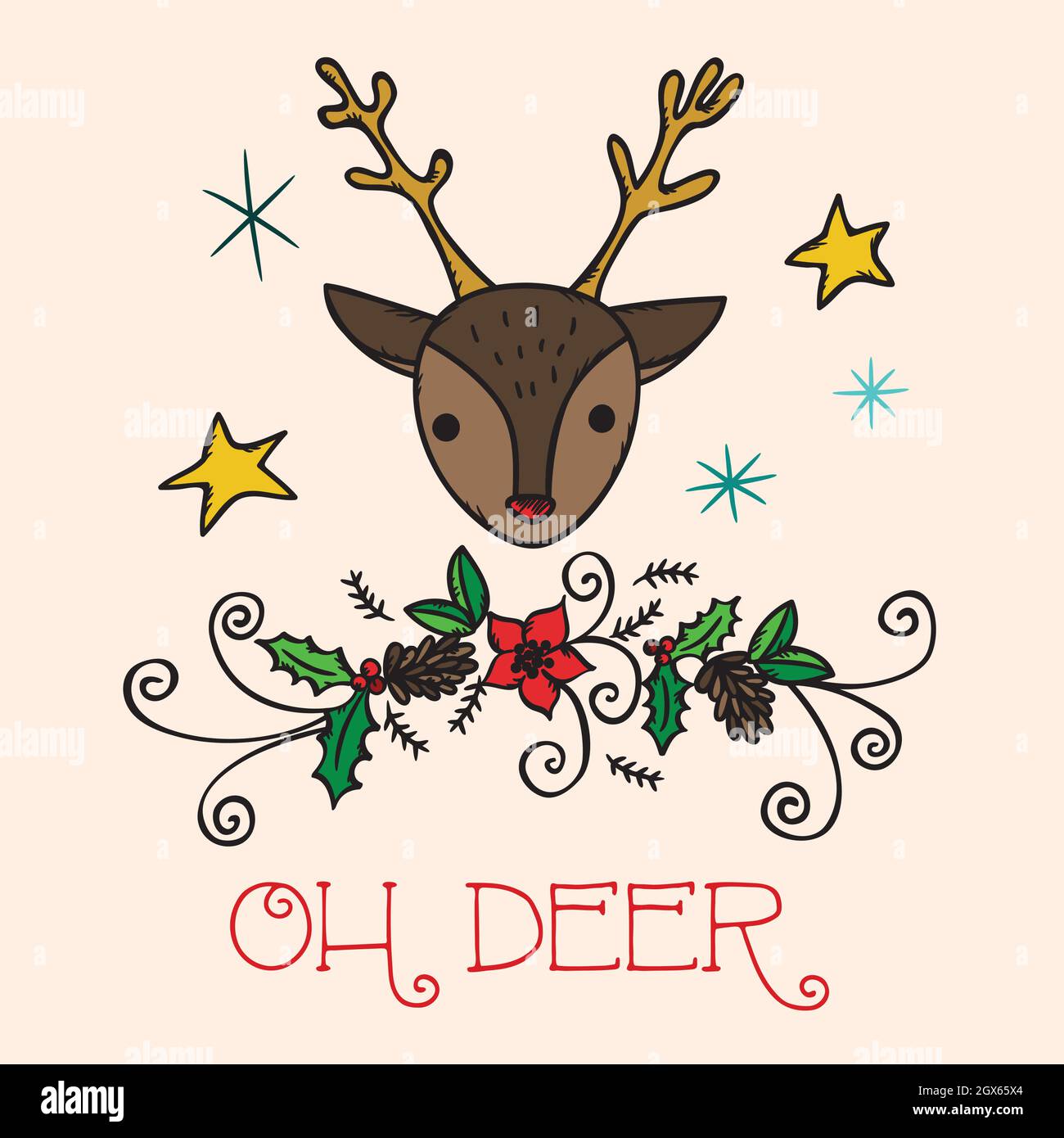Hand Drawn Christmas montage. Holiday elements, reindeer, wreath, star. Colored doodles. Stock Vector
