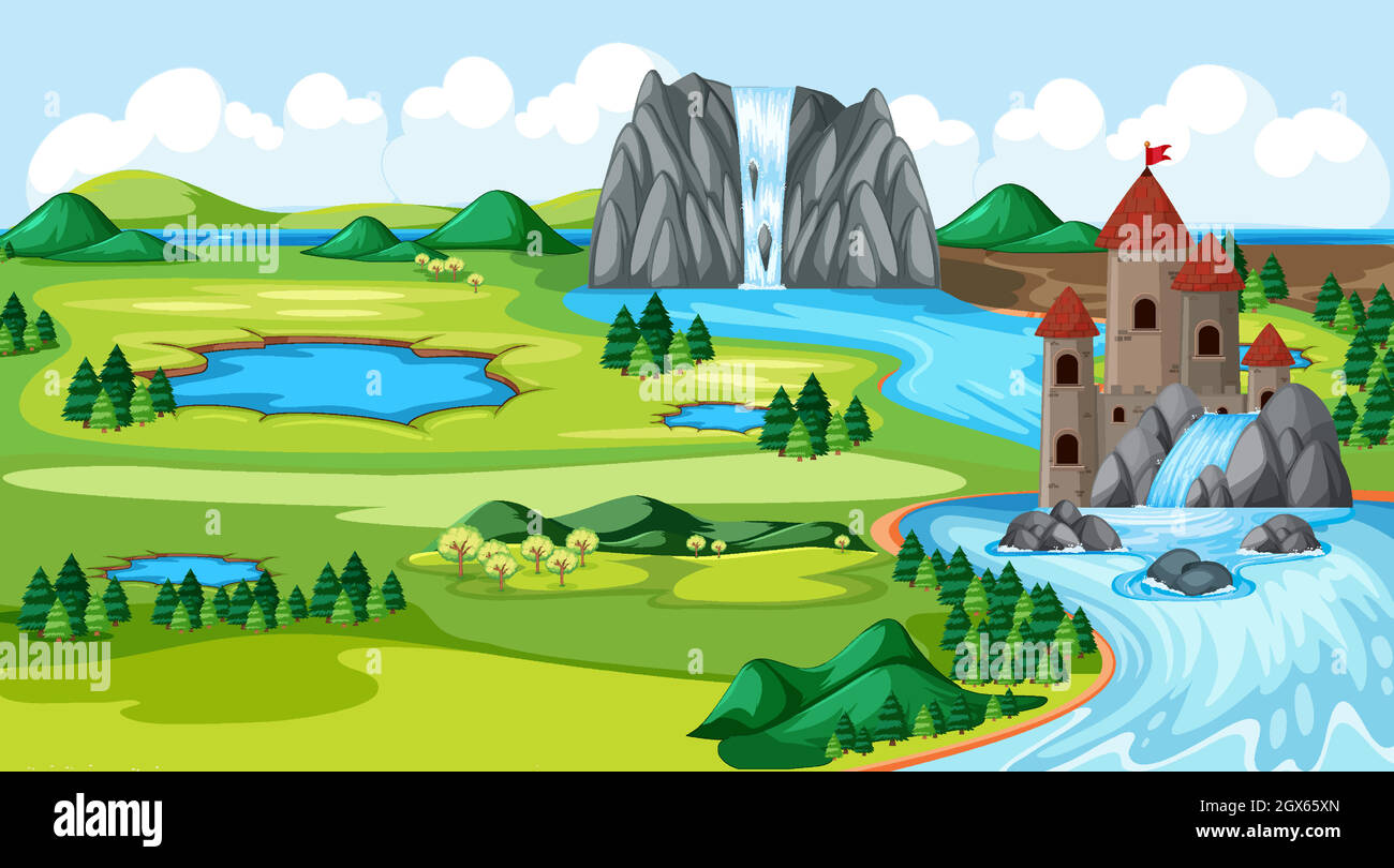 Castles and nature park with water fall river side landscape scene Stock Vector