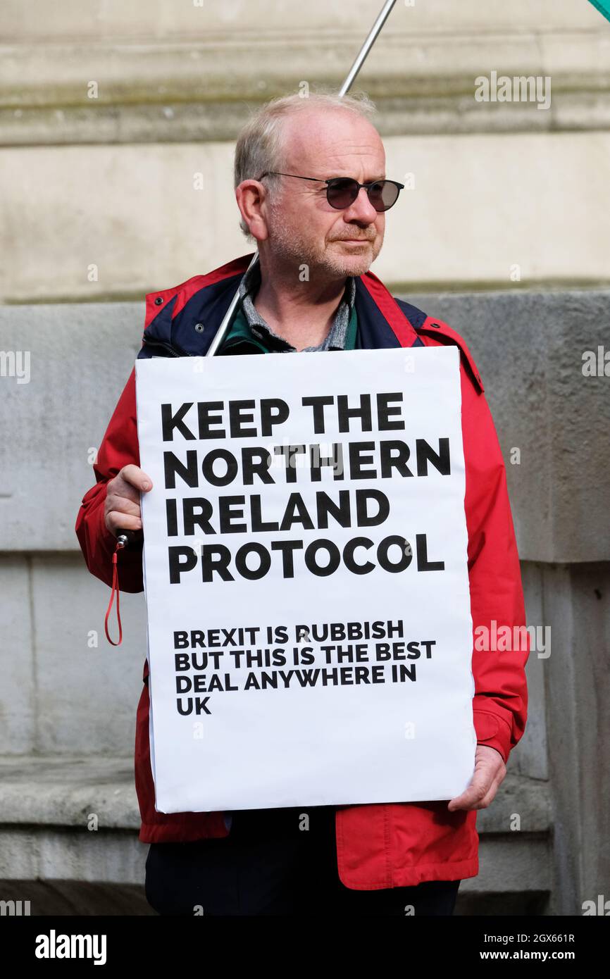 Manchester, UK – Monday 4th October 2021 – Protester supporting the Northern Ireland Protocol outside the Conservative Party Conference in Manchester. Photo Steven May / Alamy Live News Stock Photo
