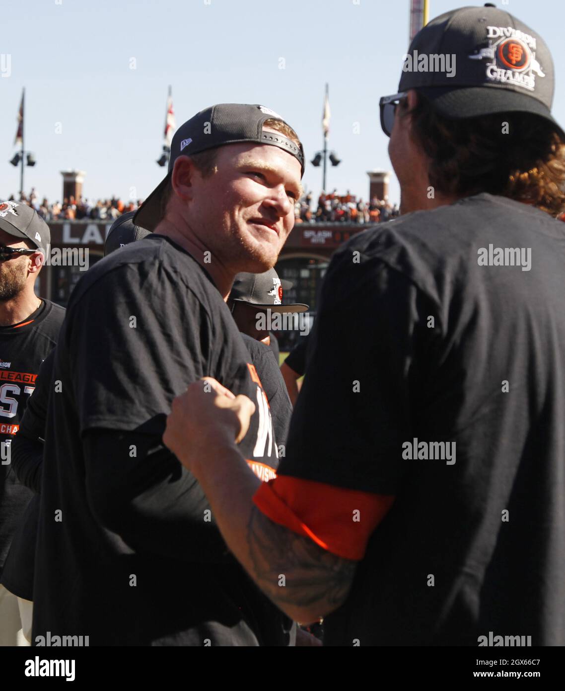 San Francisco, United States. 04th Oct, 2021. San Francisco Giants Logan Webb, left, and Kevin Gausman celebrate after the Giants clinched the Western Division of the National League at Oracle Park on Sunday, October 3, 2021 in San Francisco. Photo by George Nikitin/UPI Credit: UPI/Alamy Live News Stock Photo