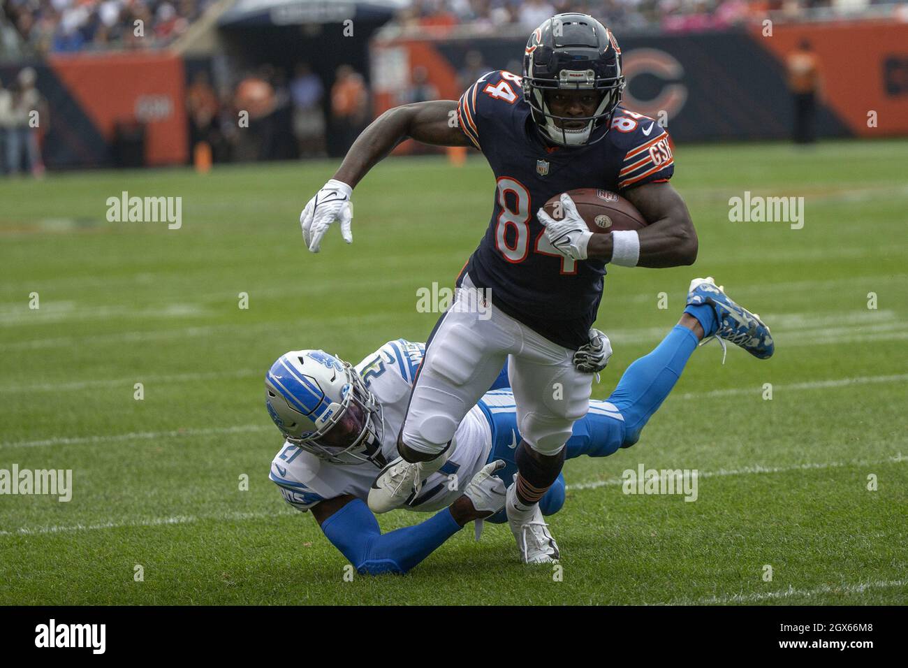 Chicago Bears wide receiver Marquise Goodwin (84) gets taken down by Detroit Lions free safety Tracy Walker III (21) during the first half against the Detroit Lions on Sunday, Oct. 3, 2021, at Soldier Field in Chicago. (Photo by Erin Hooley/Chicago Tribune/TNS/Sipa USA) Credit: Sipa USA/Alamy Live News Stock Photo