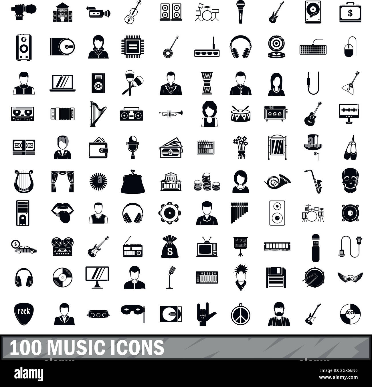 100 music icons set, simple style Stock Vector