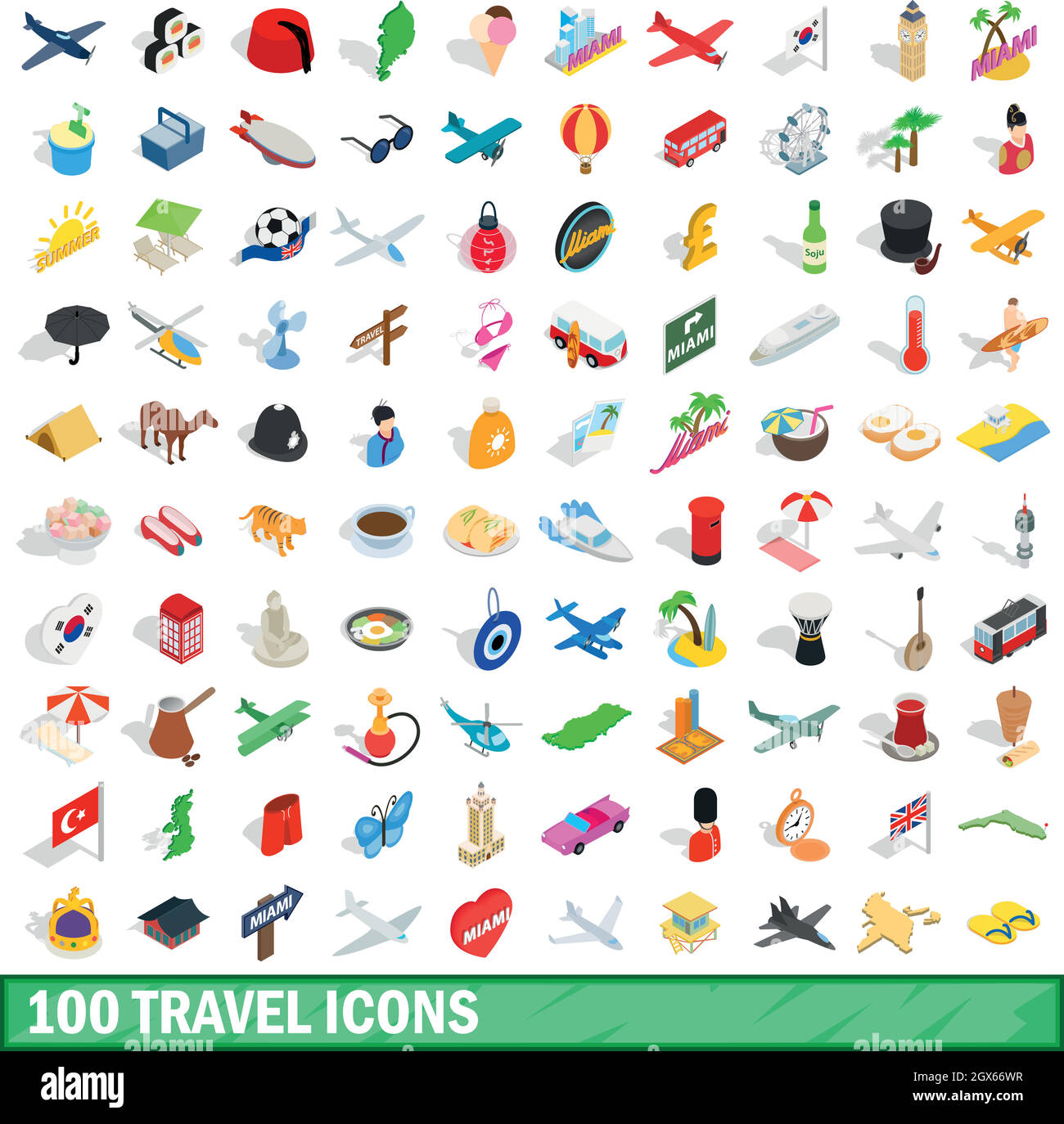 100 travel icons set, isometric 3d style Stock Vector