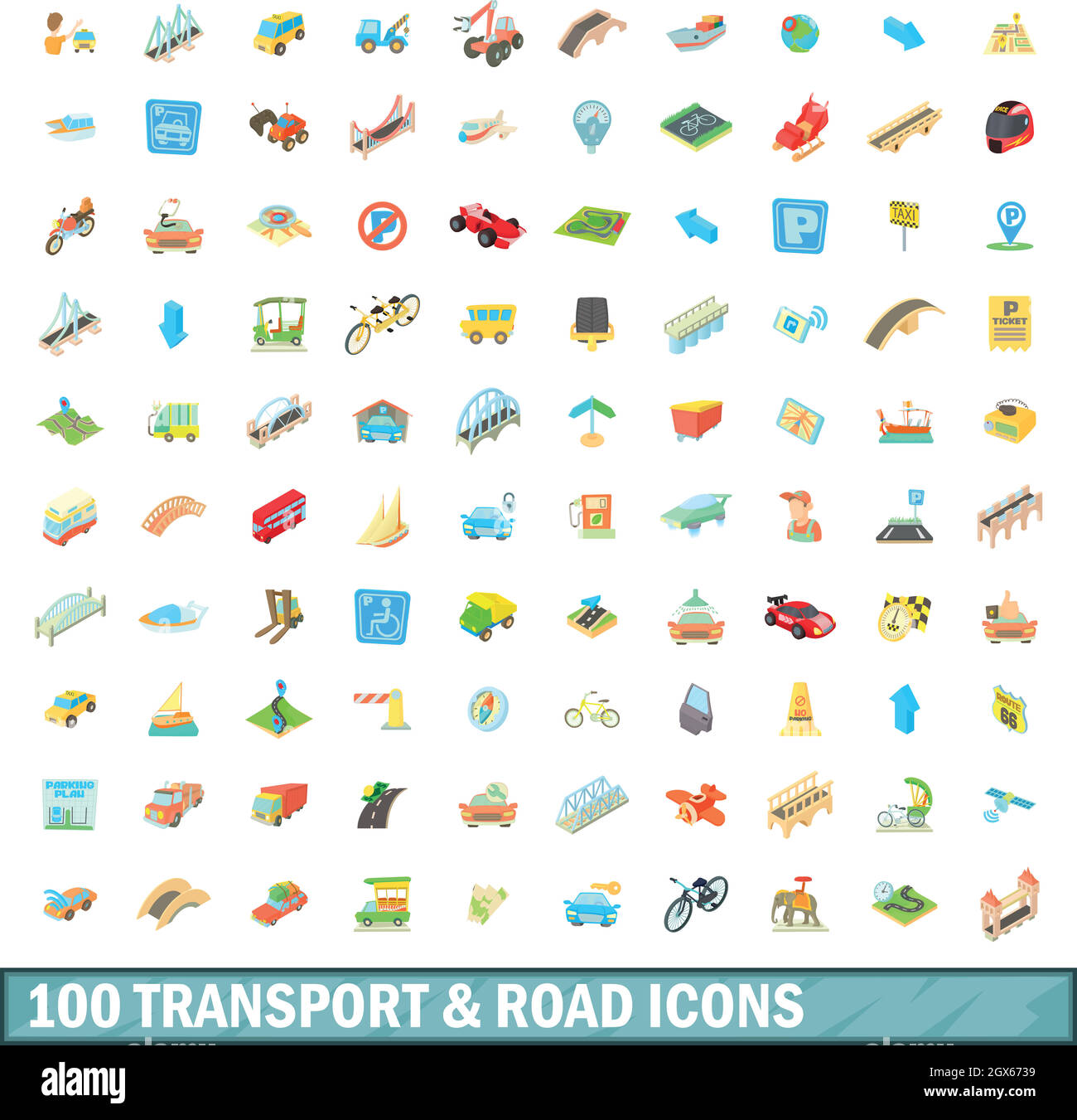100 transport and road icons set, cartoon style Stock Vector