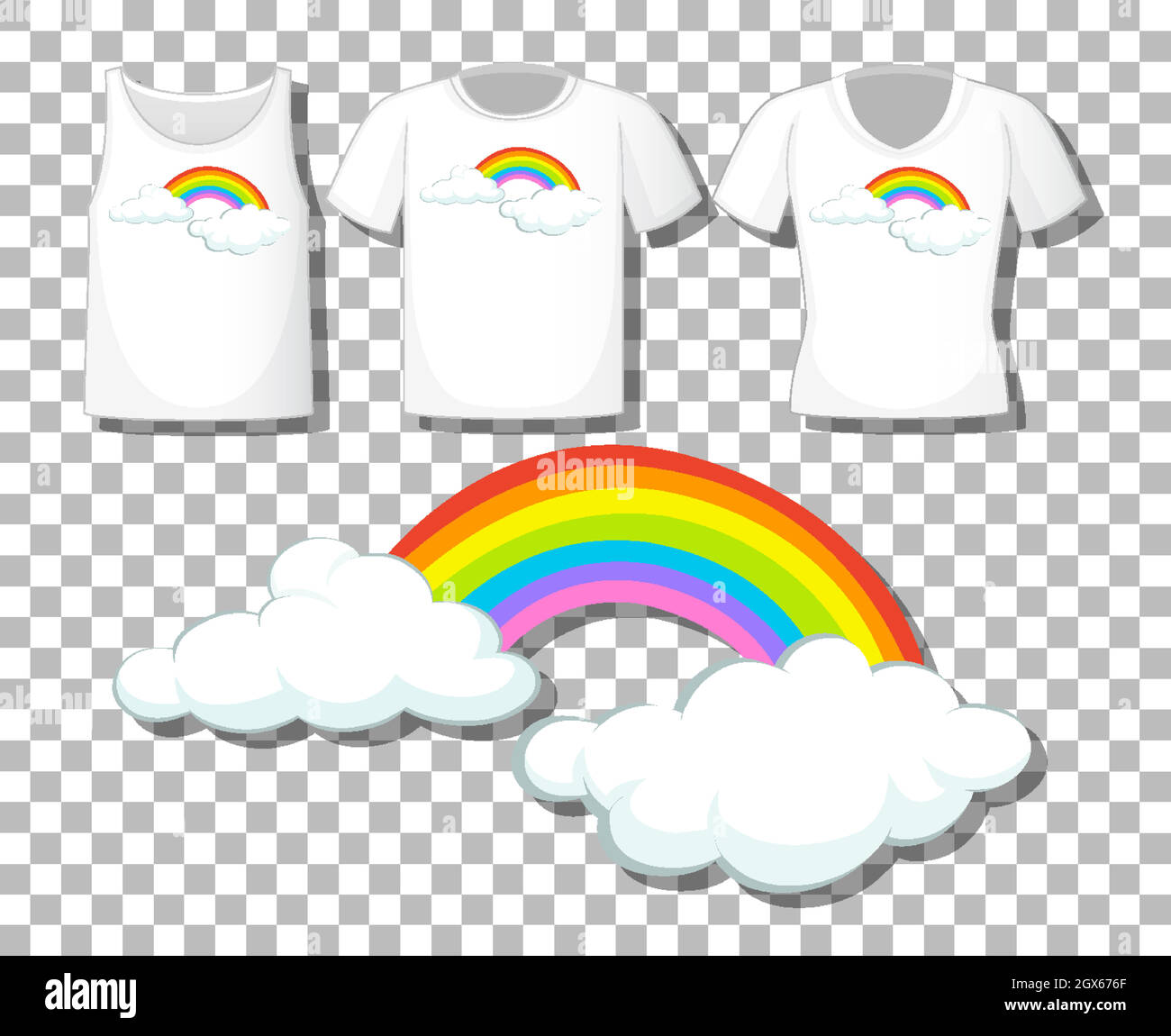 Rainbow with set of different shirts isolated on transparent background Stock Vector