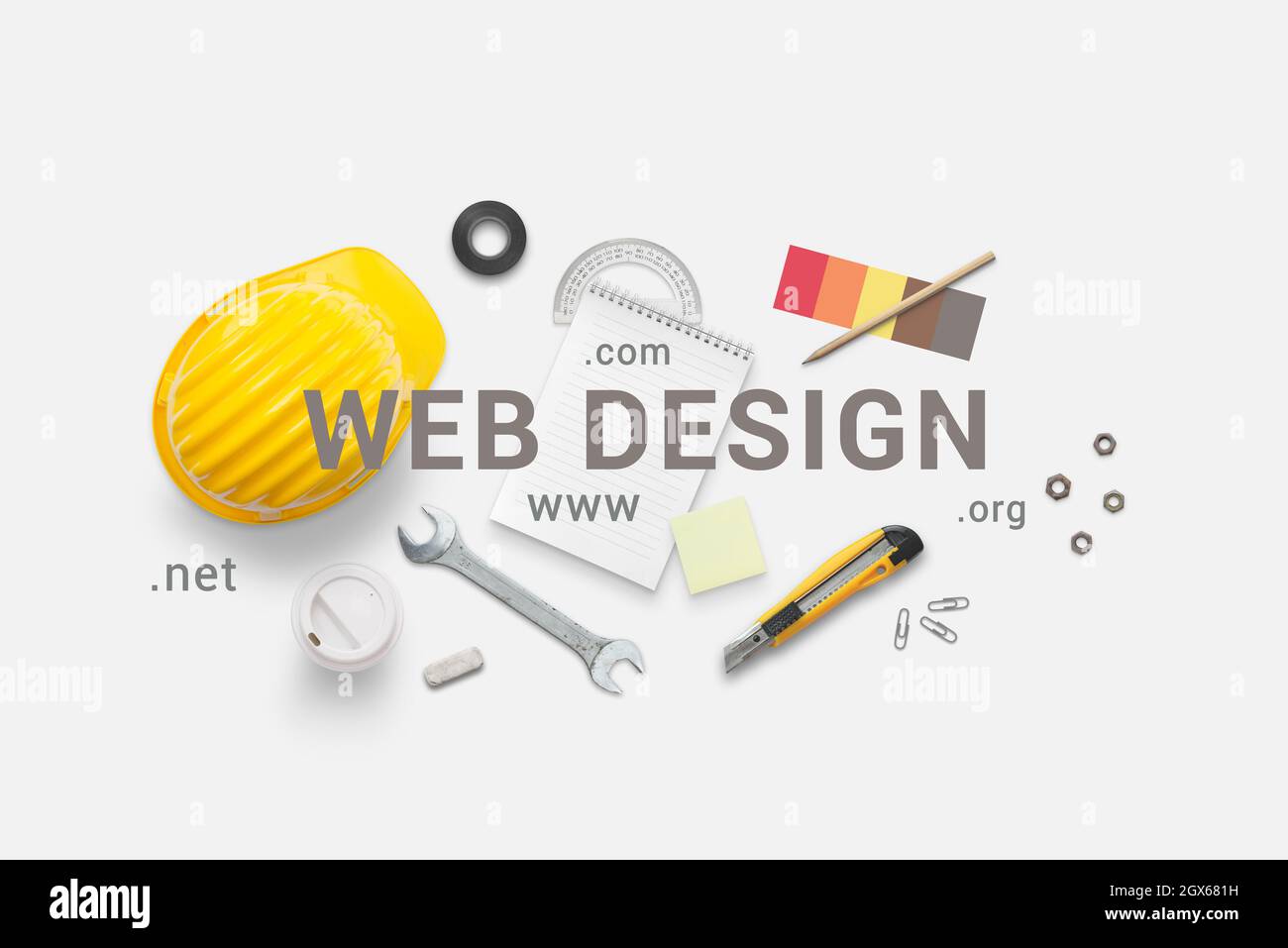 Web design composition with construction tools. Top view, flat lay composition. Under construction concept Stock Photo