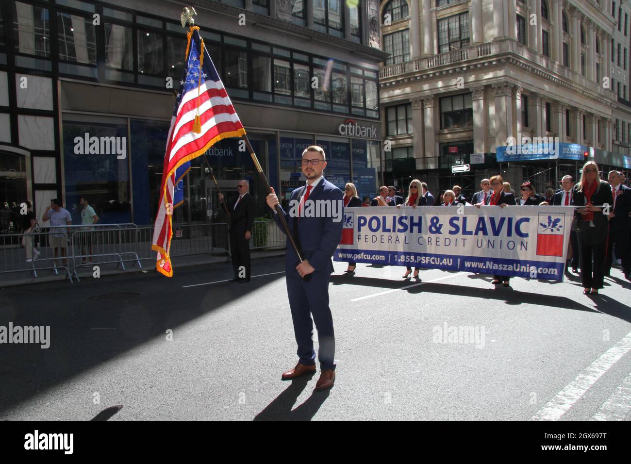 New York, New York, USA. 3rd Oct, 2021. New York, New York CityÃs Fifth Avenue closed Sunday, October 03rd, 2021, from 12:00 Noon to 6:00 PM as Polish-Americans join together in honor of Brigadier General Casimir Pulaski, hero of the American Revolutionary War who died at the battle of Savannah Georgia in October, 1779. The parade stepped off from Fifth Avenue at 35th Street at 12:30 PM with the Honor Guard of the New York City Police and Fire Departments leading the way up 5th Avenue (Credit Image: © Bruce Cotler/ZUMA Press Wire) Stock Photo