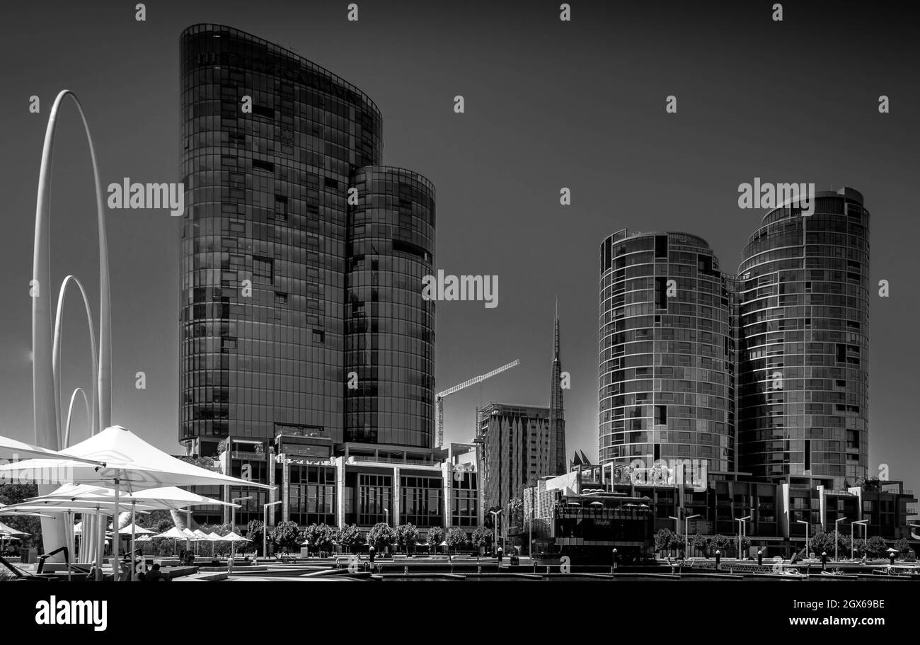 Black and white image of modern buildings on Perth's, Australia, new  waterfront showing skyscrapers with no people. Stock Photo