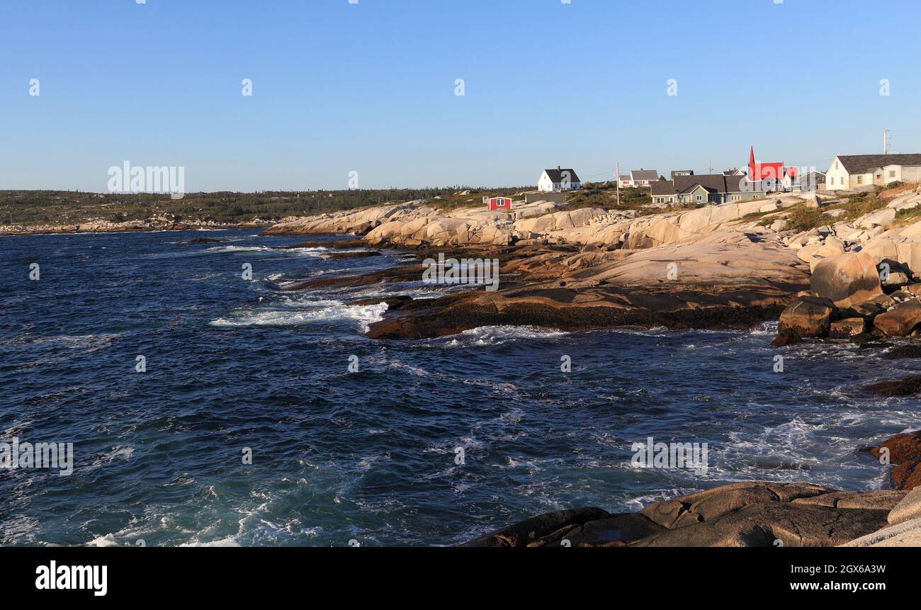 Peggy's Cove, Nova Scotia, Canada. Looking north along the rocky coastline of the Chebucto Peninsula on St. Margarets Bay. Stock Photo