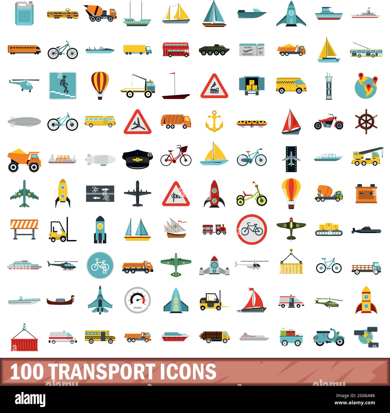 100 transport icons set, flat style Stock Vector