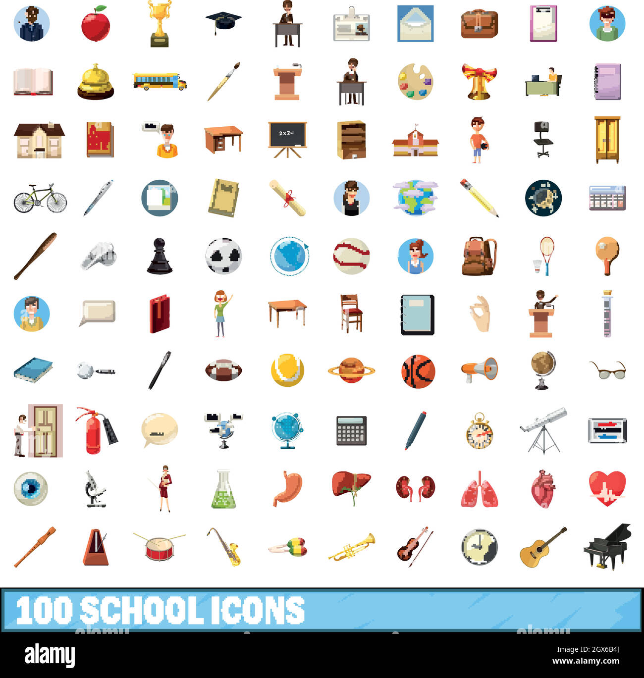 100 school icons set, cartoon style Stock Vector