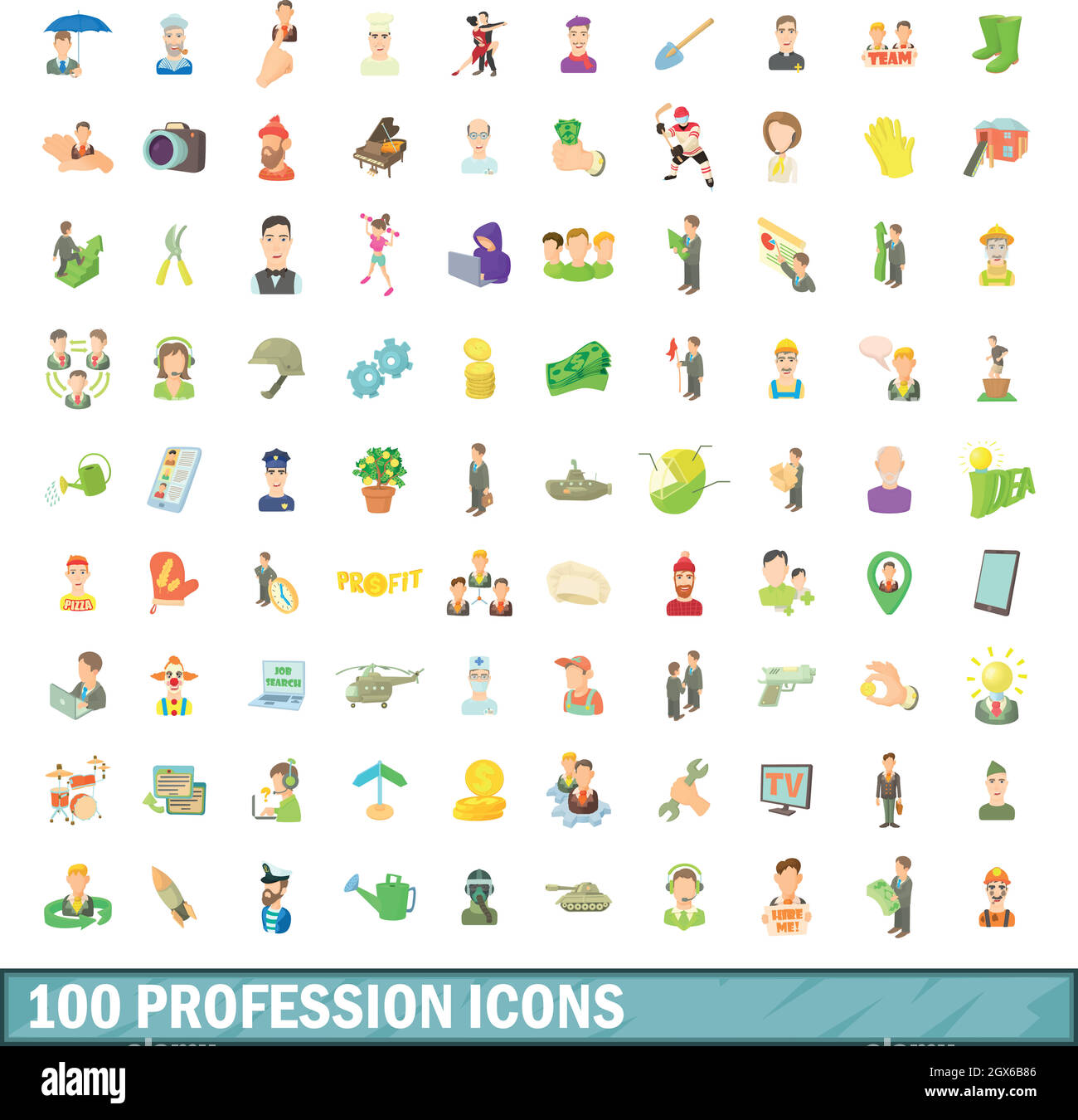 100 profession icons set, cartoon style Stock Vector