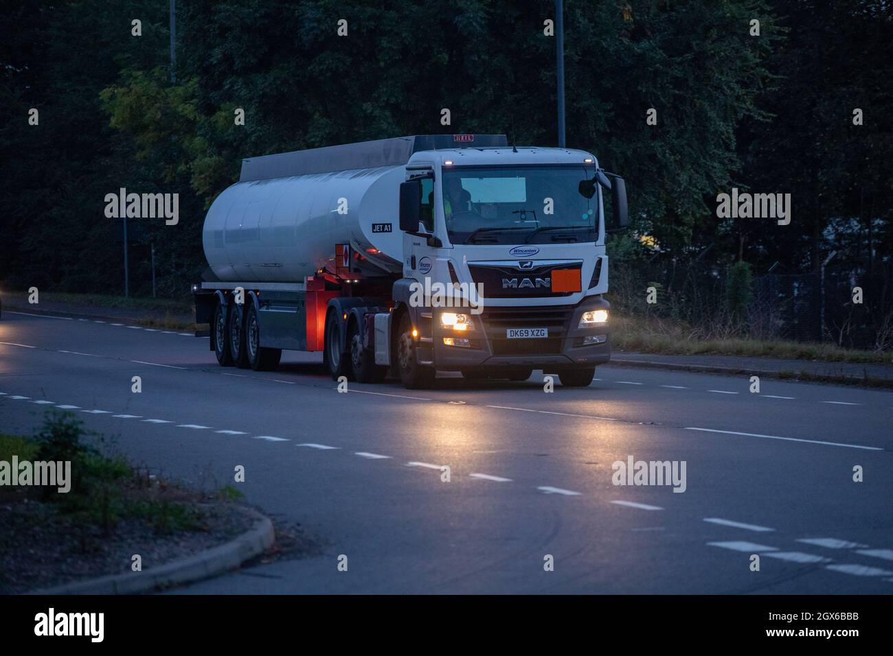 A fuel tanker returning to the Kingsbury fuel depot as dawn breaks on a