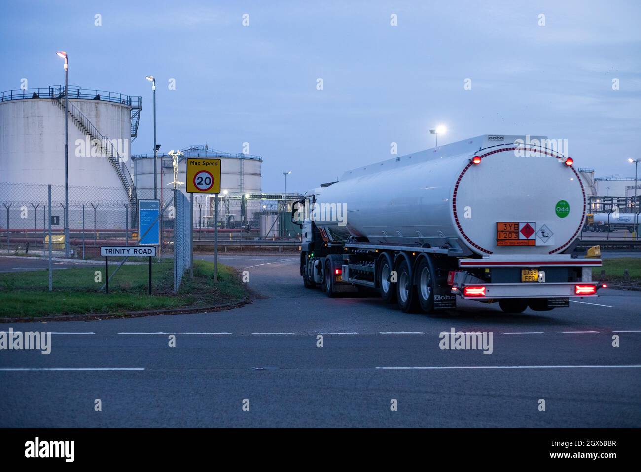 A fuel tanker returning to the Kingsbury fuel depot as dawn breaks on a