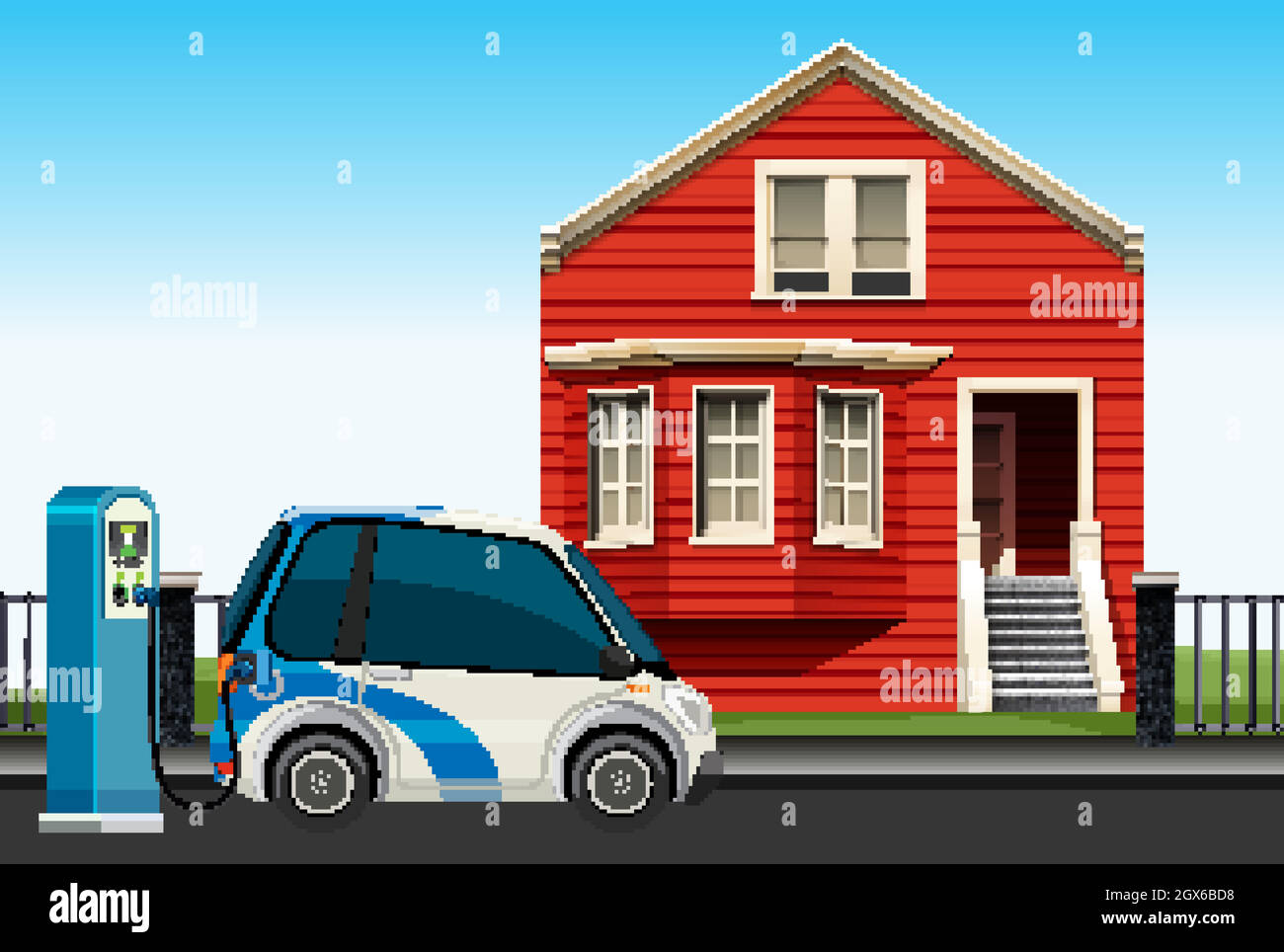 Electric car charging in front of house Stock Vector