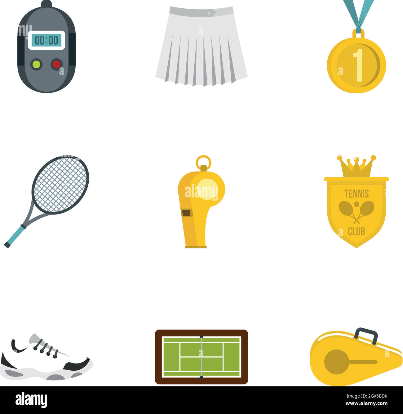 Equipment for tennis sport icons set, flat style Stock Vector