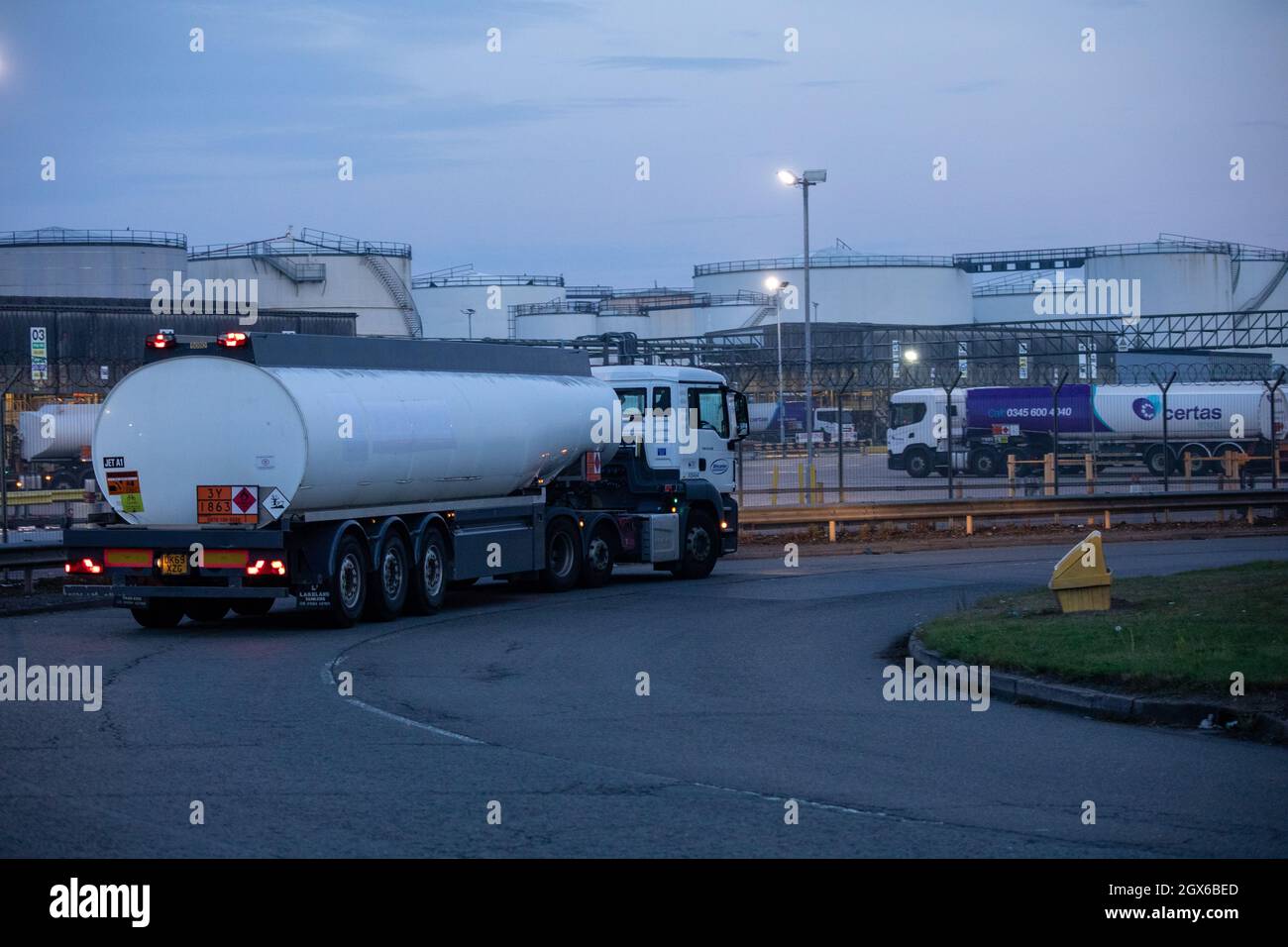 A fuel tanker returning to the Kingsbury fuel depot as dawn breaks on a