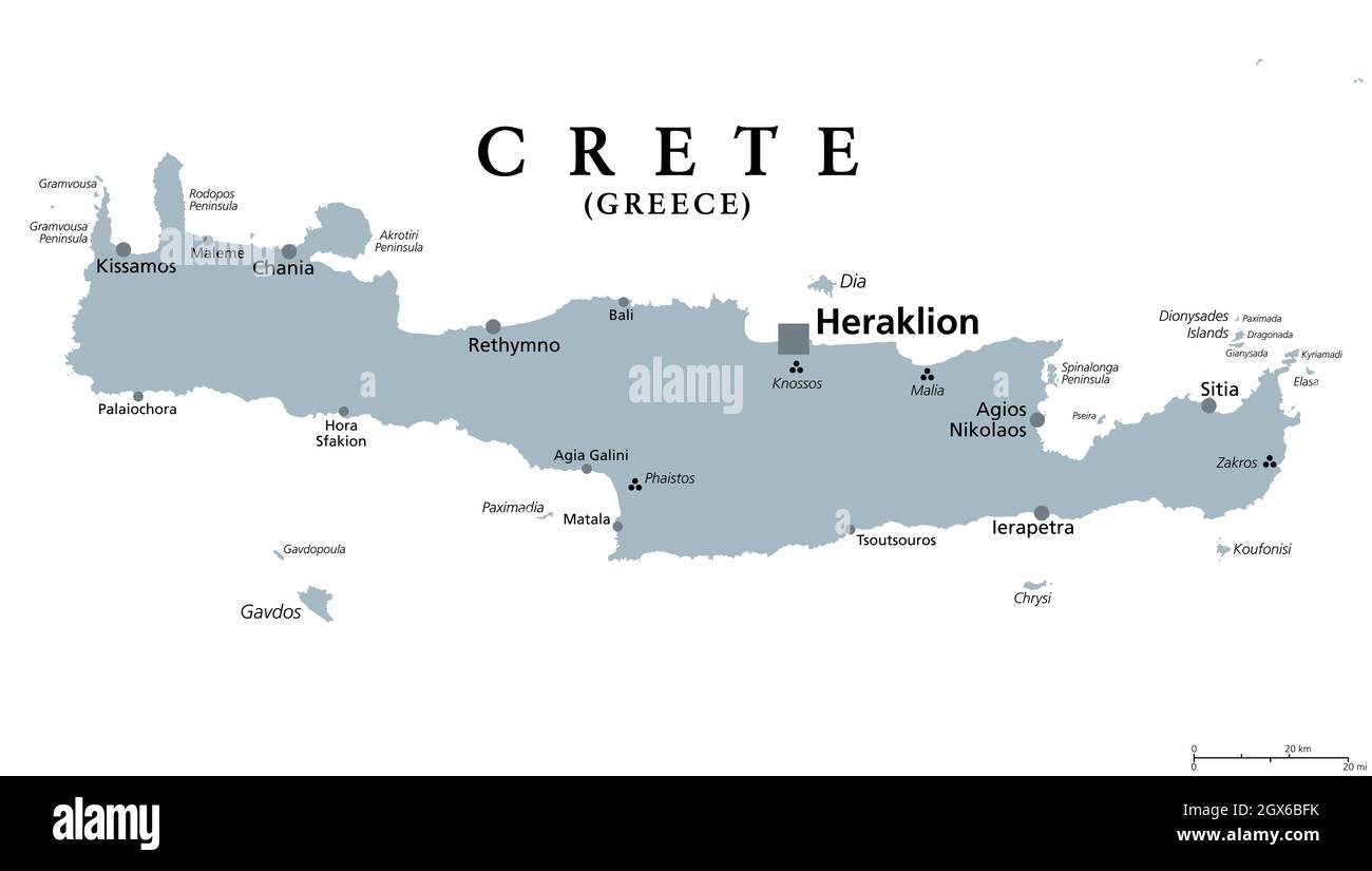 Crete, Greek island, gray political map, with capital Heraklion. Largest island of Greece and fifth largest in the Mediterranean Sea. Stock Photo