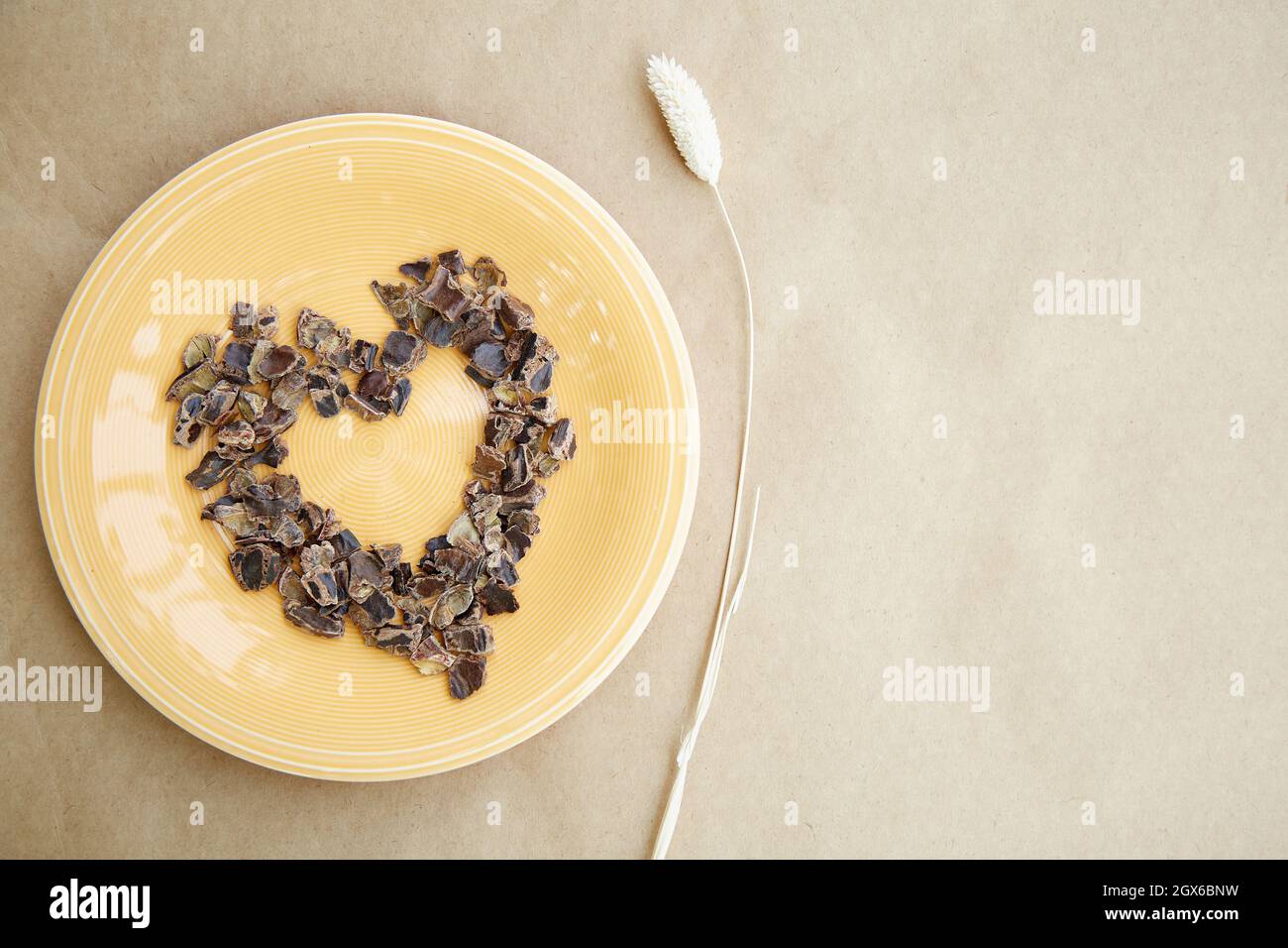 Carob - plant-based alternative - natural product on the plate in a shape of heart with dry Lagurus ovatus grass. Organic antioxidants and protein. To Stock Photo