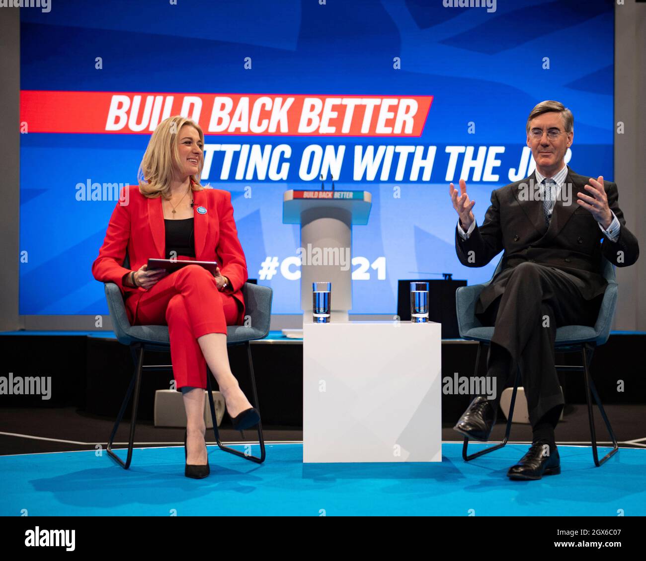 Manchester, England, UK. 4th Oct, 2021. PICTURED: Rt Hon Jacob Rees-Mogg MP speaks to conference, at the Conservative party Conference #CPC21. Credit: Colin Fisher/Alamy Live News Stock Photo