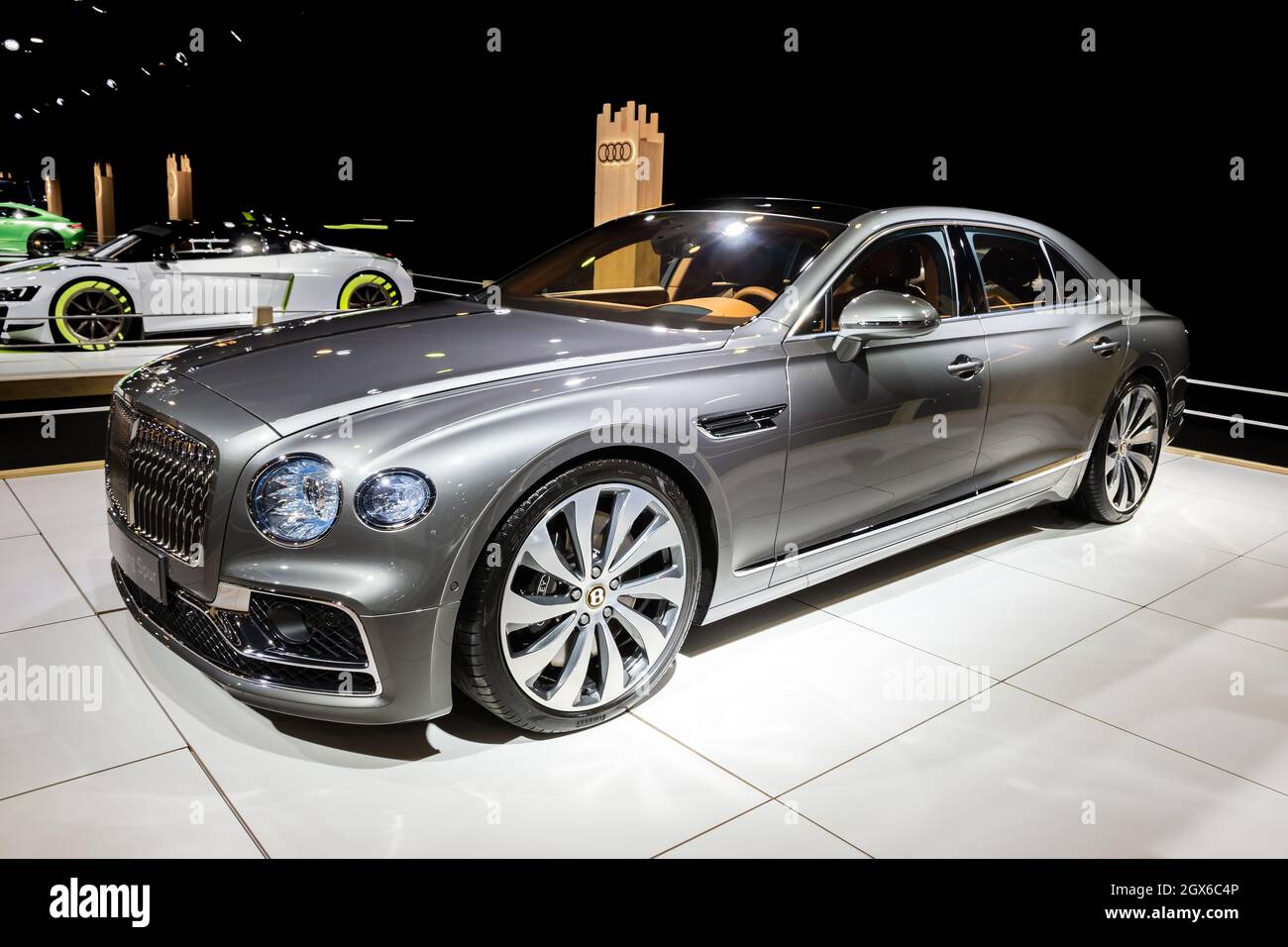 Bentley Flying Spur luxury car showcased at the Autosalon 2020 Motor Show. Brussels, Belgium - January 9, 2020. Stock Photo