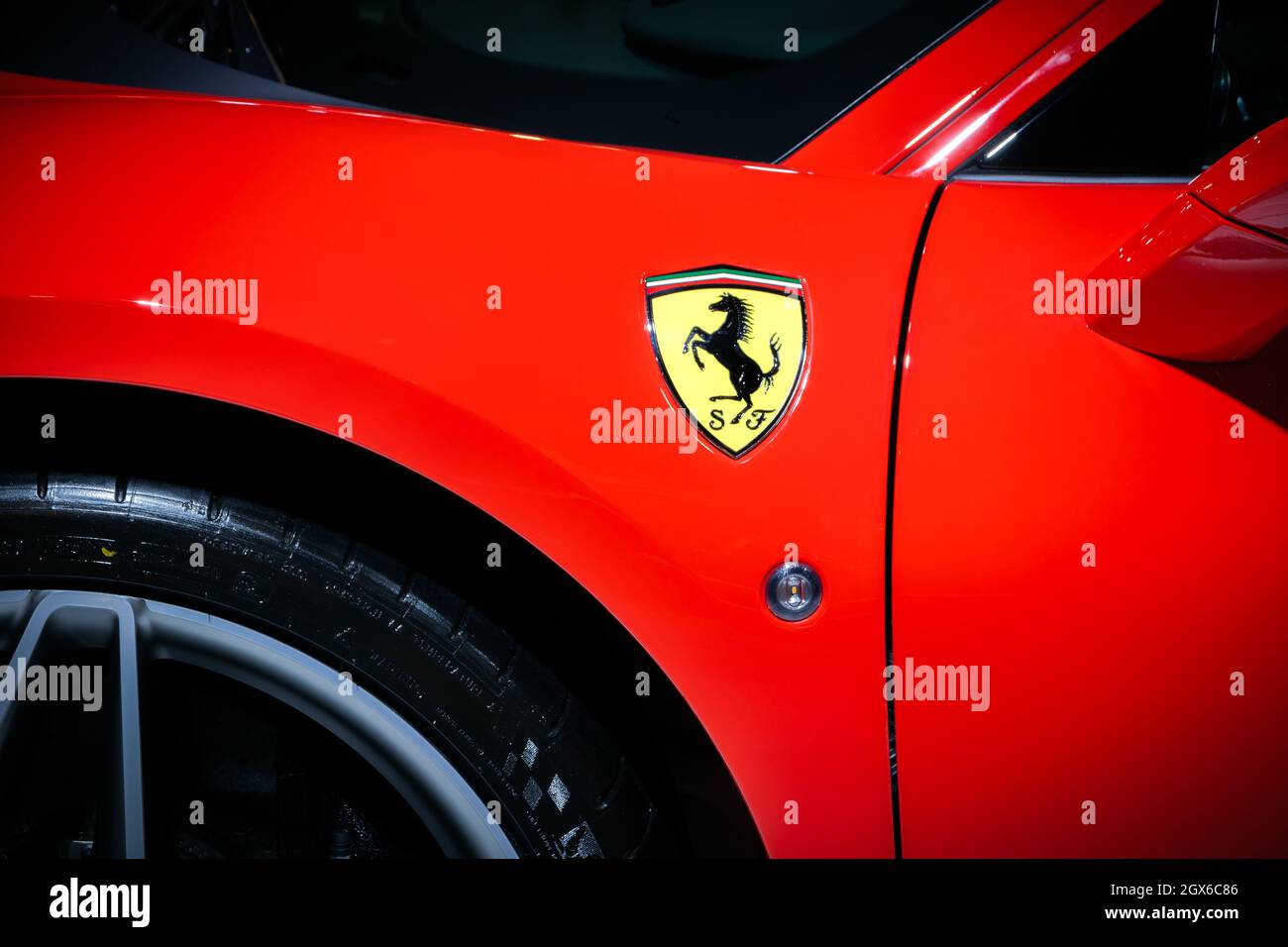 Ferrari F8 Tributo sports car showcased at the Autosalon 2020 Motor Show. Brussels, Belgium - January 9, 2020. Stock Photo