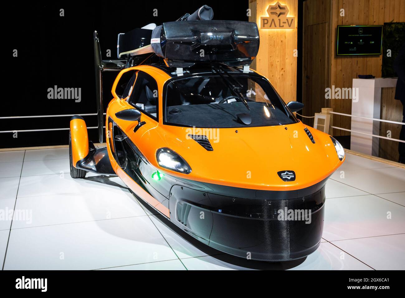 PAL-V Liberty flying car showcased at the Autosalon 2020 Motor Show. Brussels, Belgium - January 9, 2020. Stock Photo