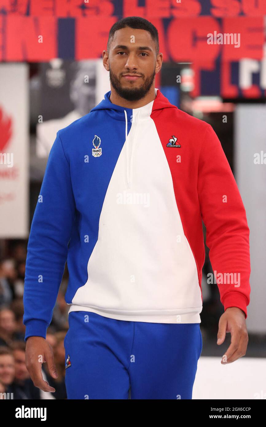 Tony Yoka attending the unveiling ceremony of French Olympic and Paralympic  new emblem, almost 100 days before the Beijing 2022 winter Games, at Le Coq  Sportif factory in Romilly sur Seine, France